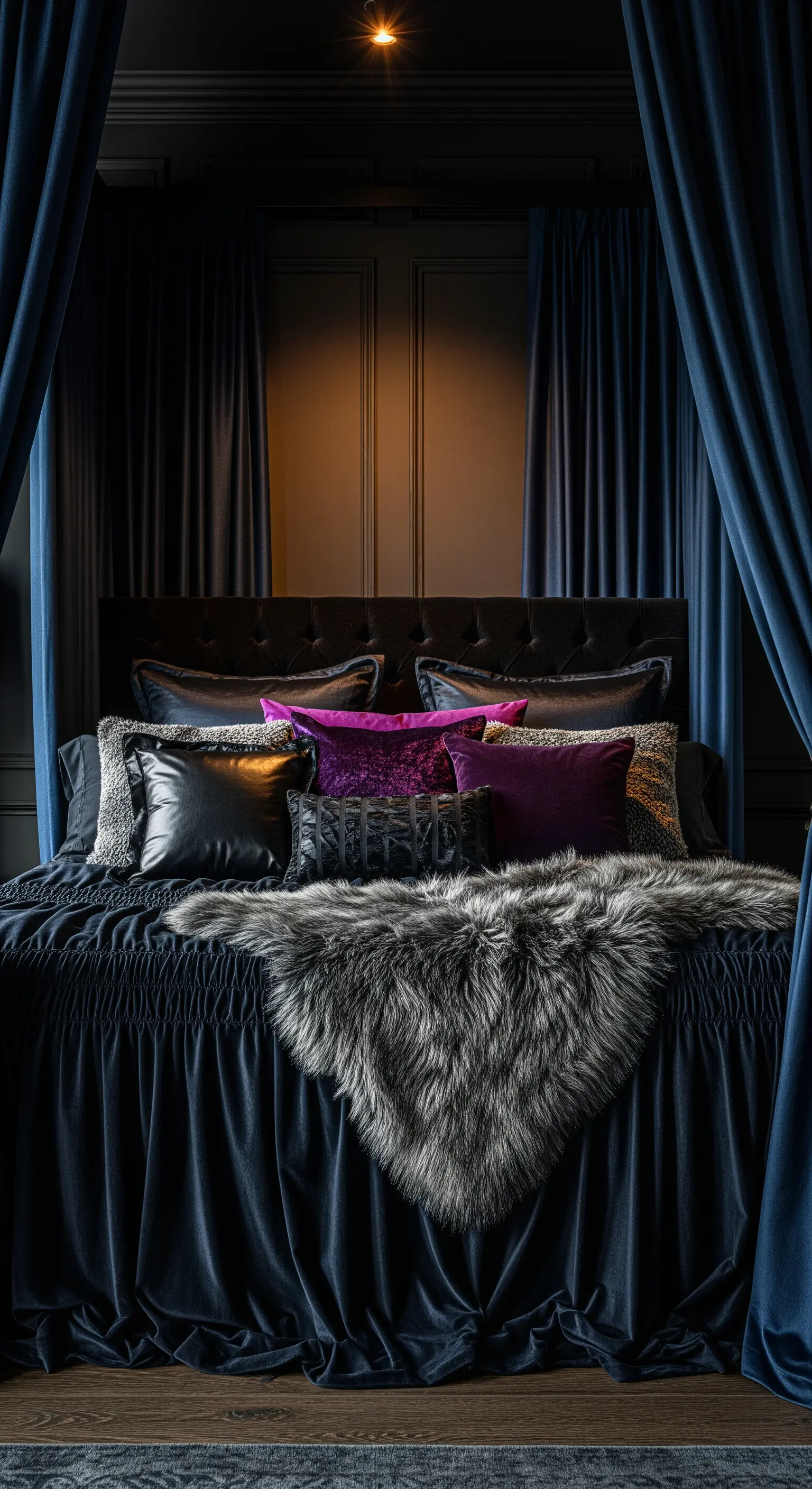 Graues Himmelbett, Samtvorhänge, monochrom, abstrakte Kunst, Dark Luxury, Korridor