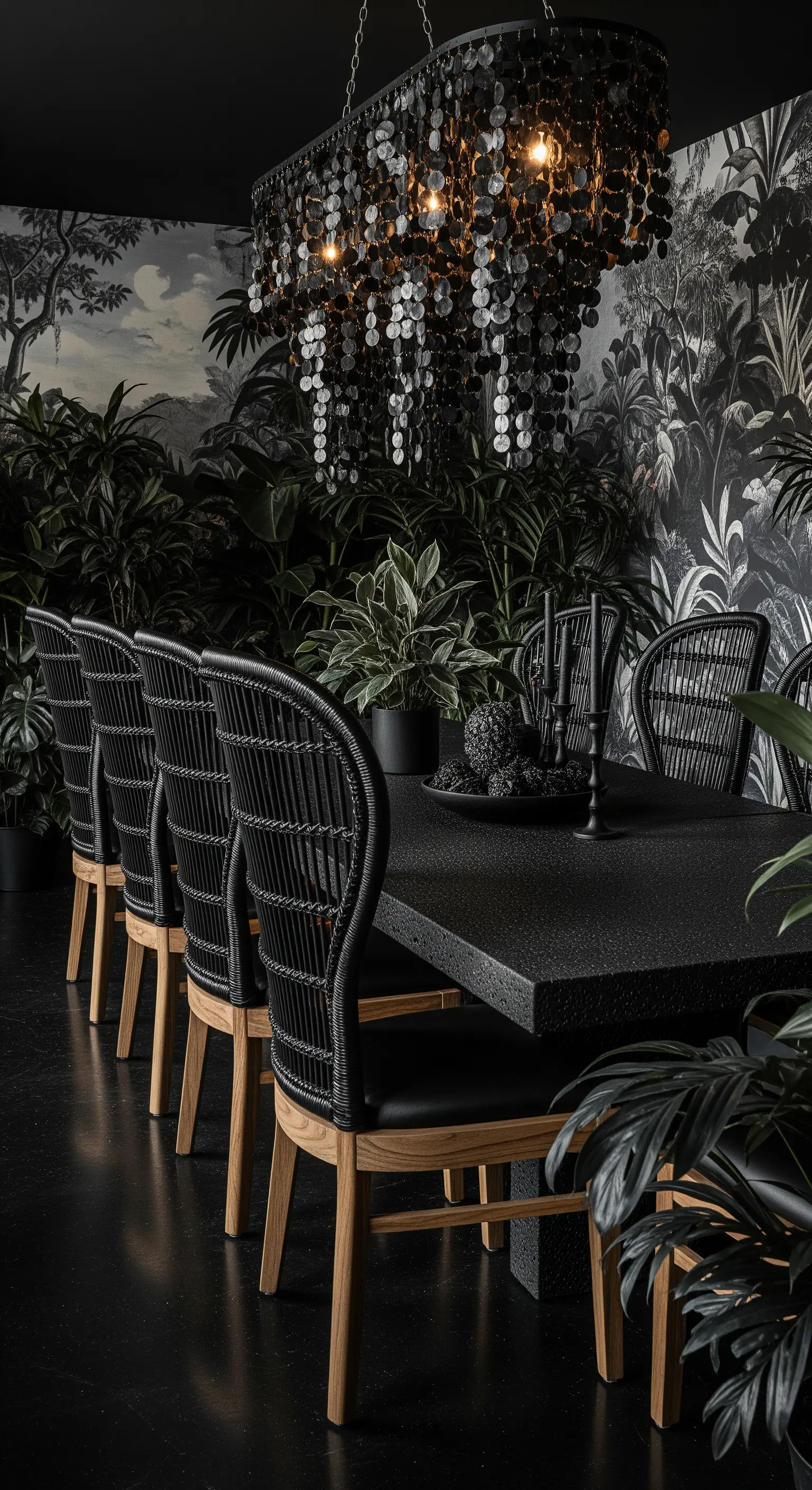 Schwarzer Esstisch vor einer Dschungel-Tapete mit einem Kronleuchter aus Plättchen.