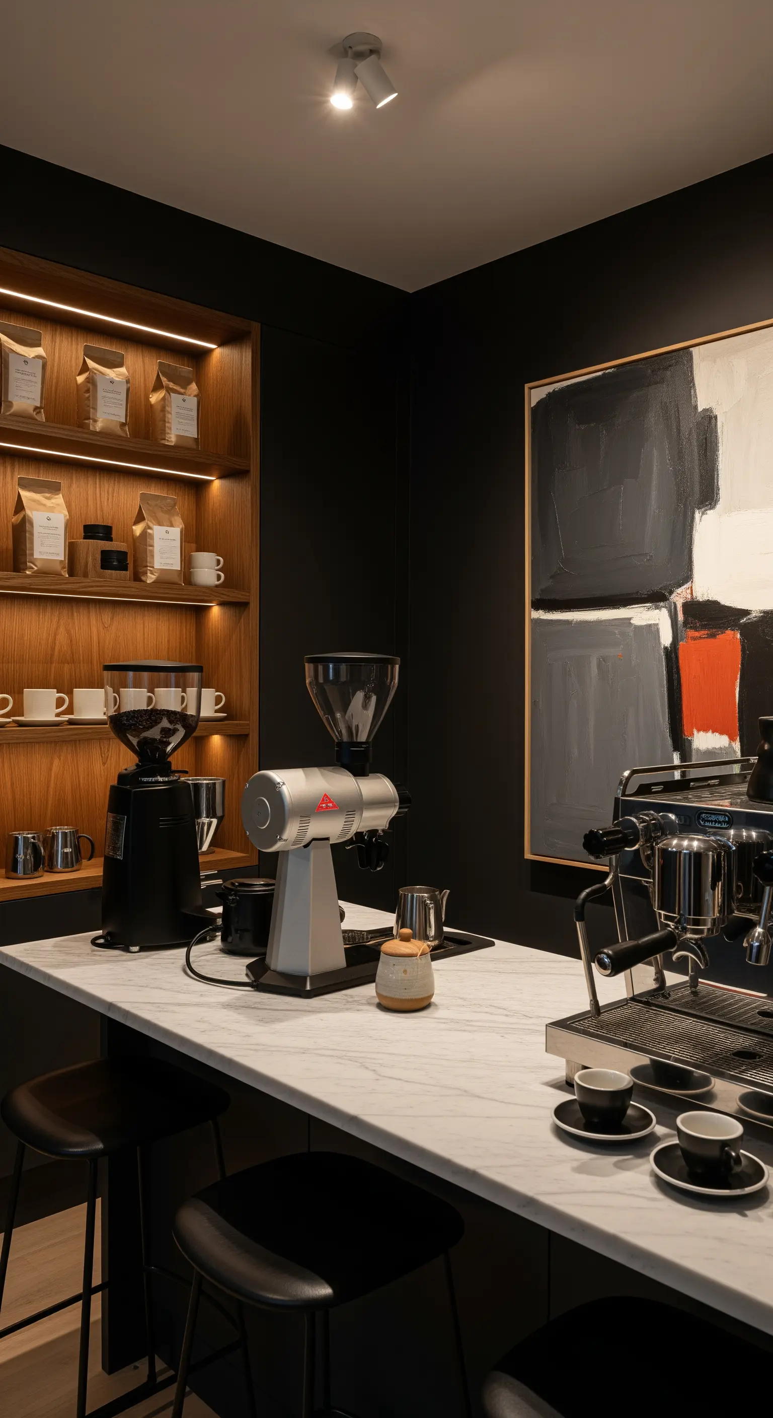 Monochrome Kaffeebar mit Marmor, Espressomaschine und Kunstwerk