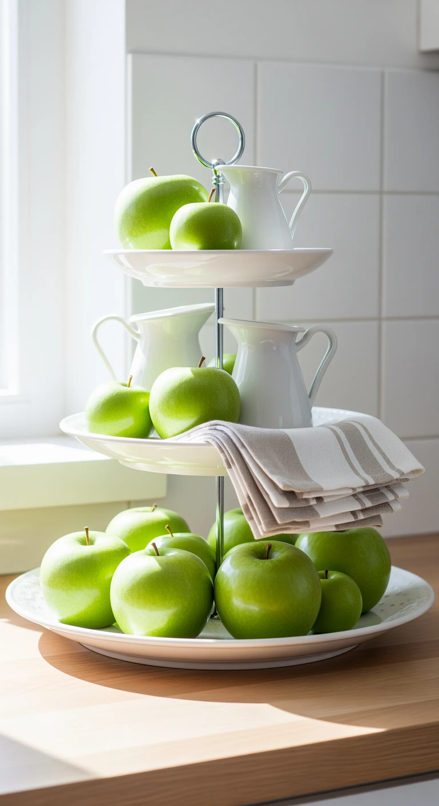Weiße Etagere mit grünen Äpfeln und weißen Kännchen