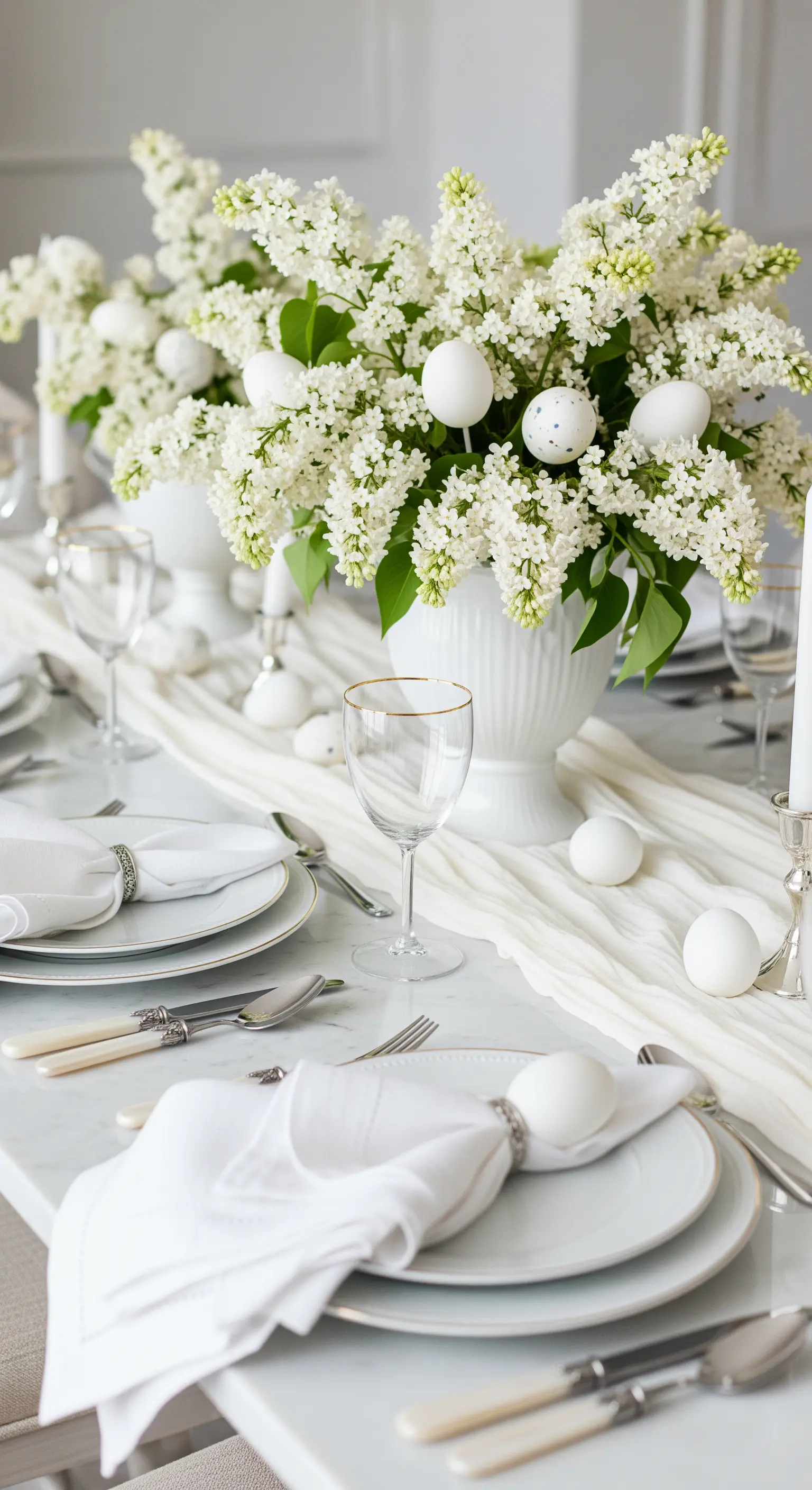 Monochrome Ostertafel in Weiß und Gold mit Flieder und weißen Eiern
