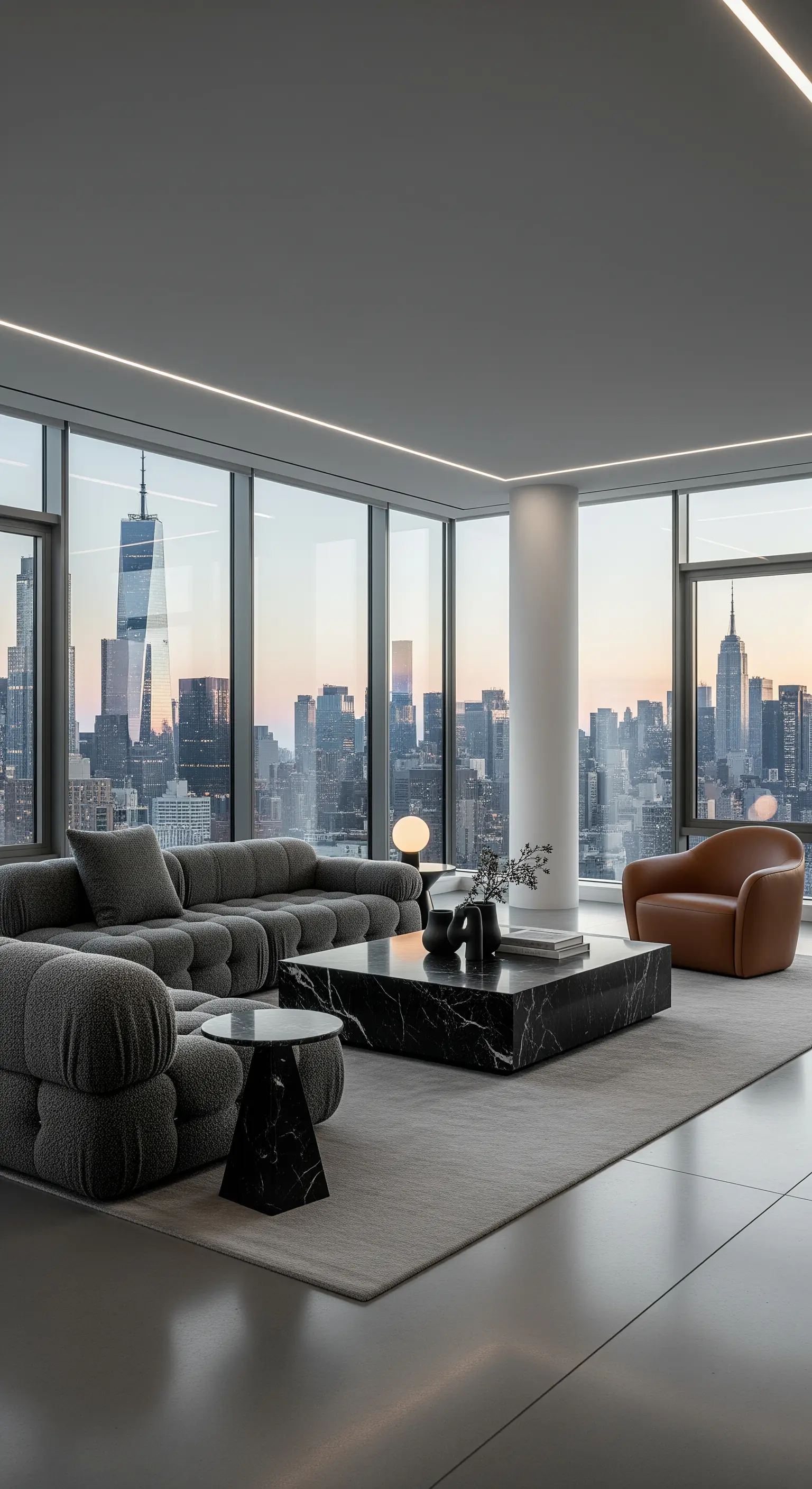 Modernes Wohnzimmer mit grauem Bouclé-Sofa und schwarzem Marmortisch vor Skyline