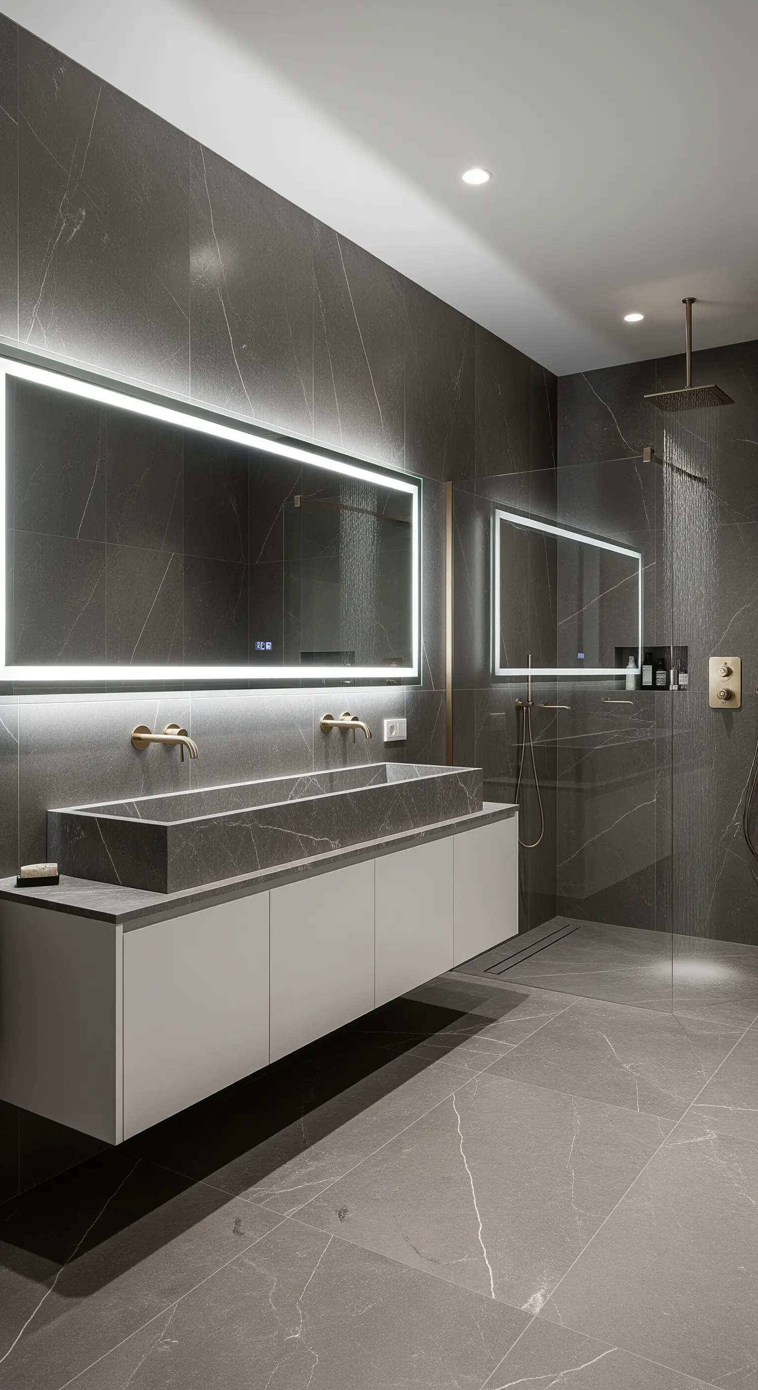 Modernes Badezimmer mit durchgehenden grauen Marmorfliesen und großem integrierten Waschbecken.