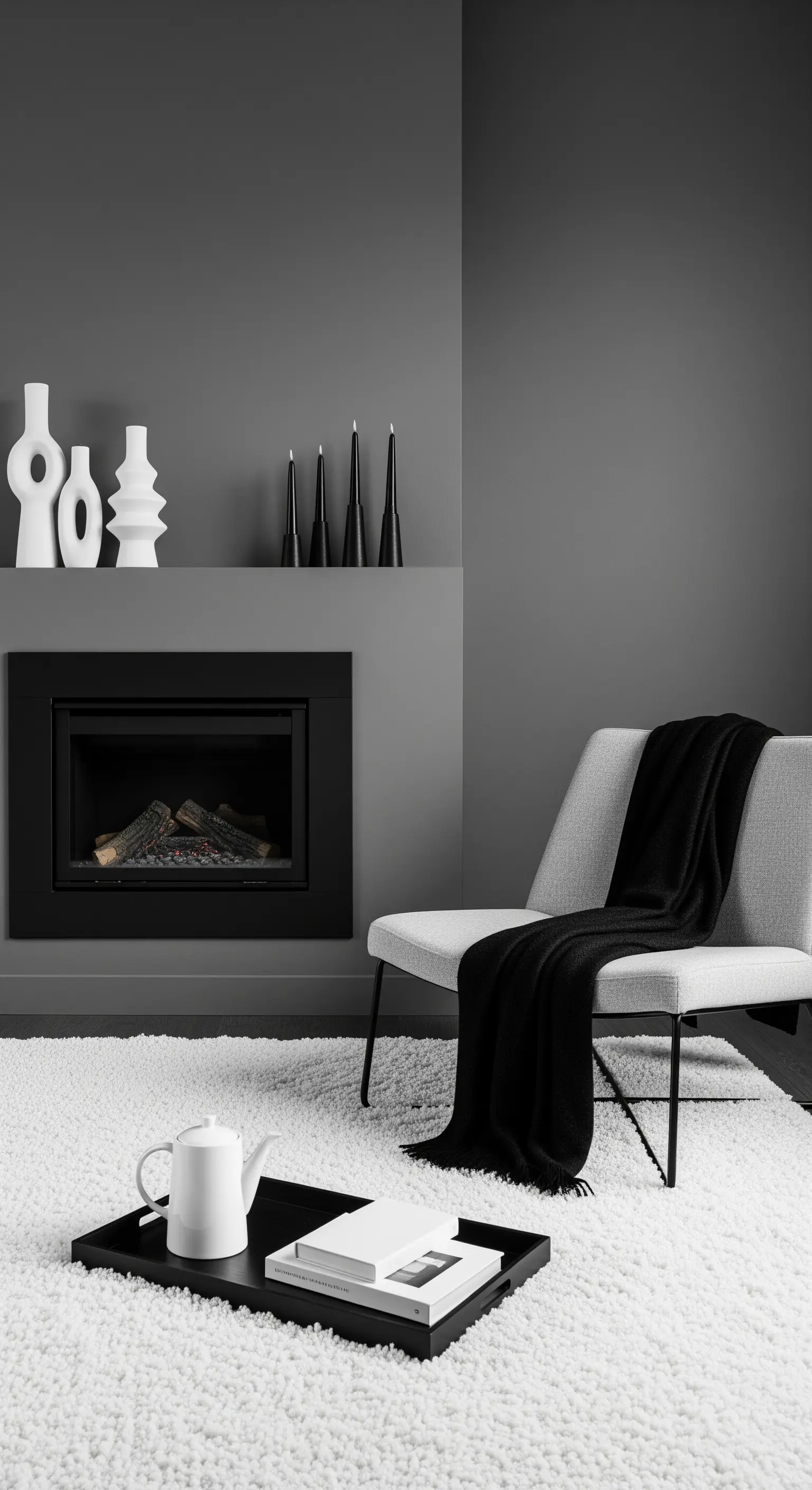 Grauer Raum mit schwarzem Kamin, weißen Vasen und schwarzen Kerzen, minimalistischer Stil.