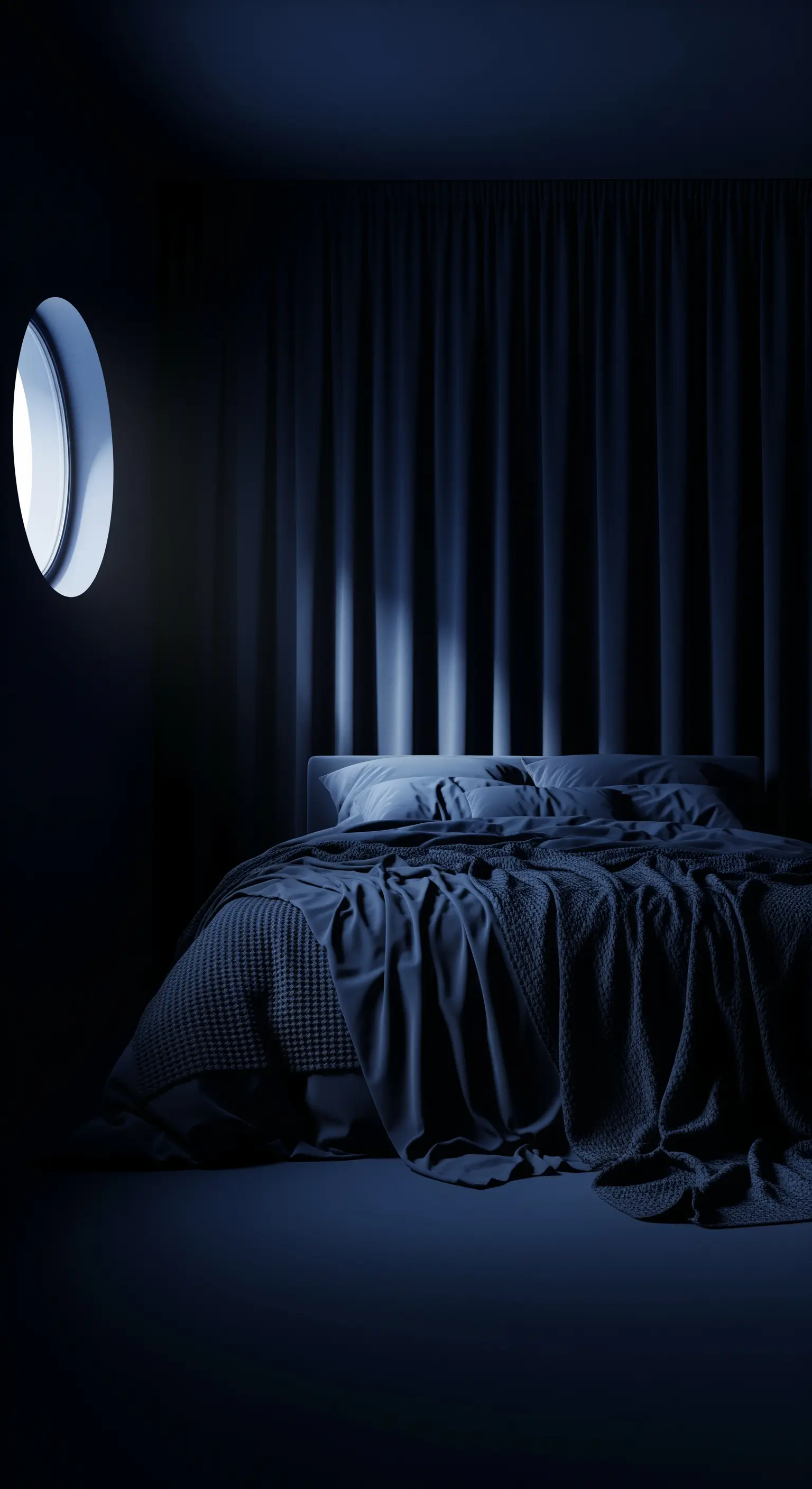 Minimalistisches nachtblaues Schlafzimmer mit Textur-Kontrasten
