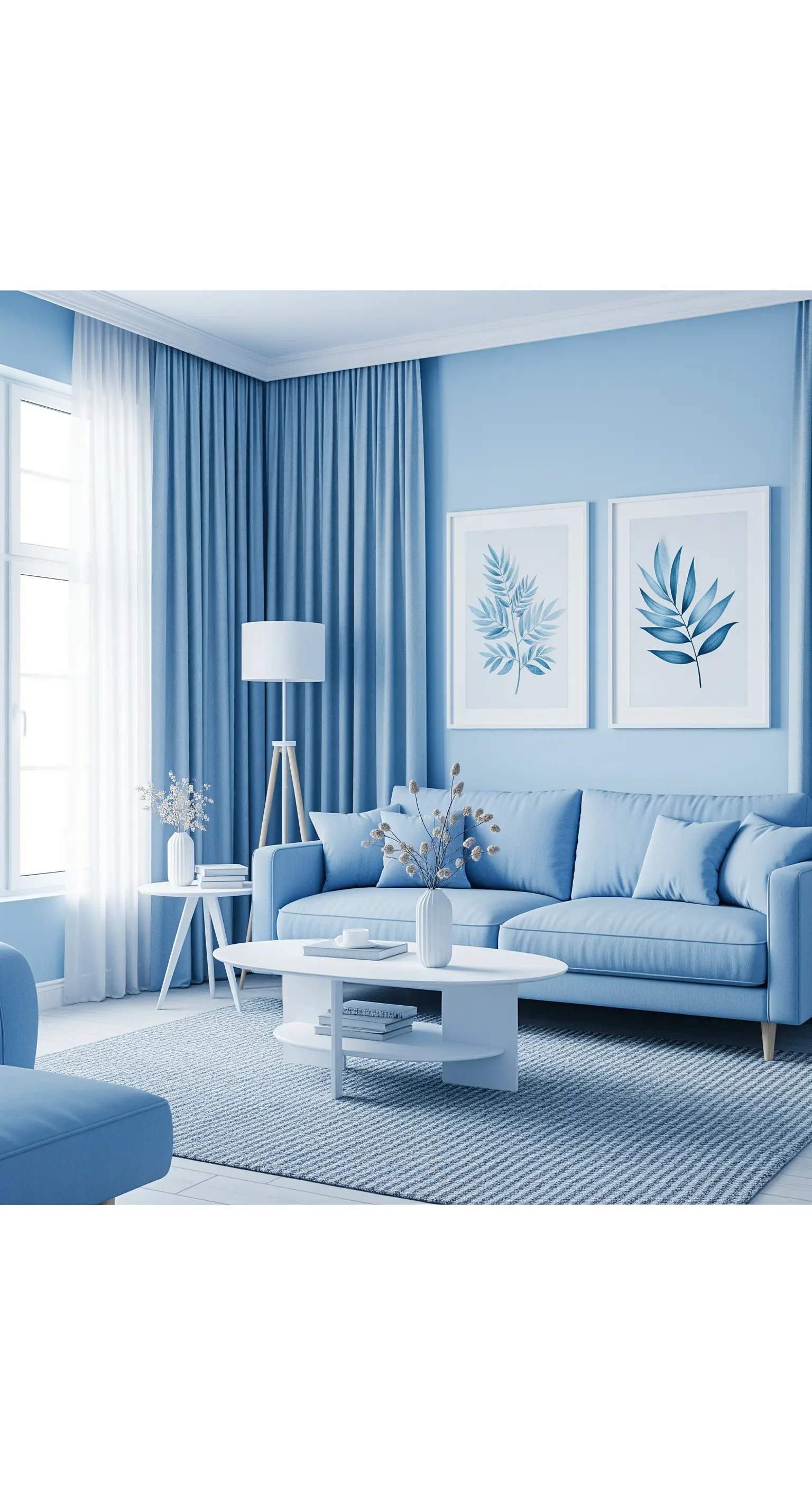 Monochrom blaues Wohnzimmer mit Pastellmöbeln, blauen Vorhängen, Blattbildern