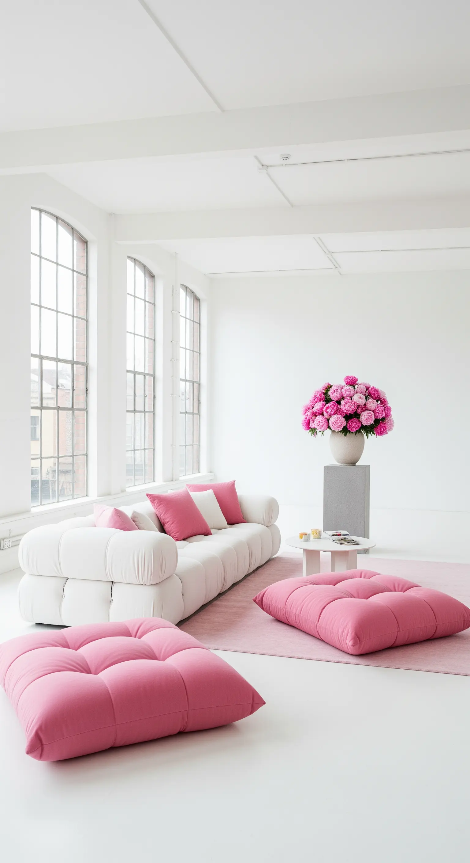 Modernes Wohnzimmer mit pinken Bodenkissen, pinkem Teppich und Pfingstrosen.