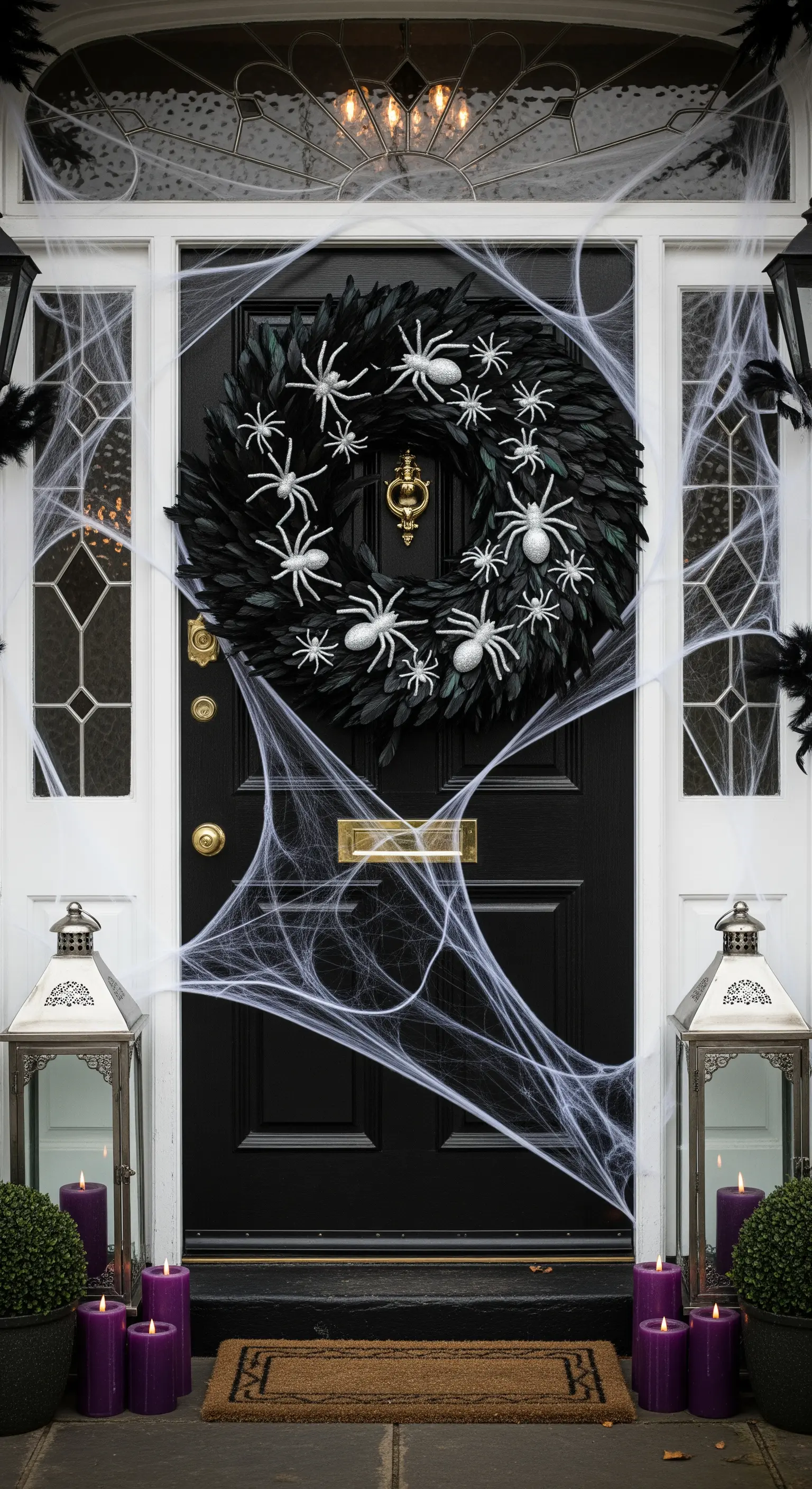 Eleganter schwarzer Federkranz mit Spinnen und feinen Spinnweben an einer dunklen Haustür.