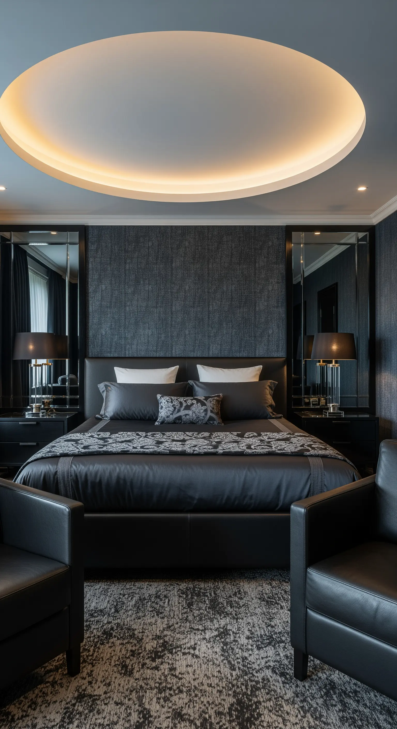 Dunkelgraues Schlafzimmer mit ovaler Deckenbeleuchtung, schwarzen Ledersesseln und Spiegeln