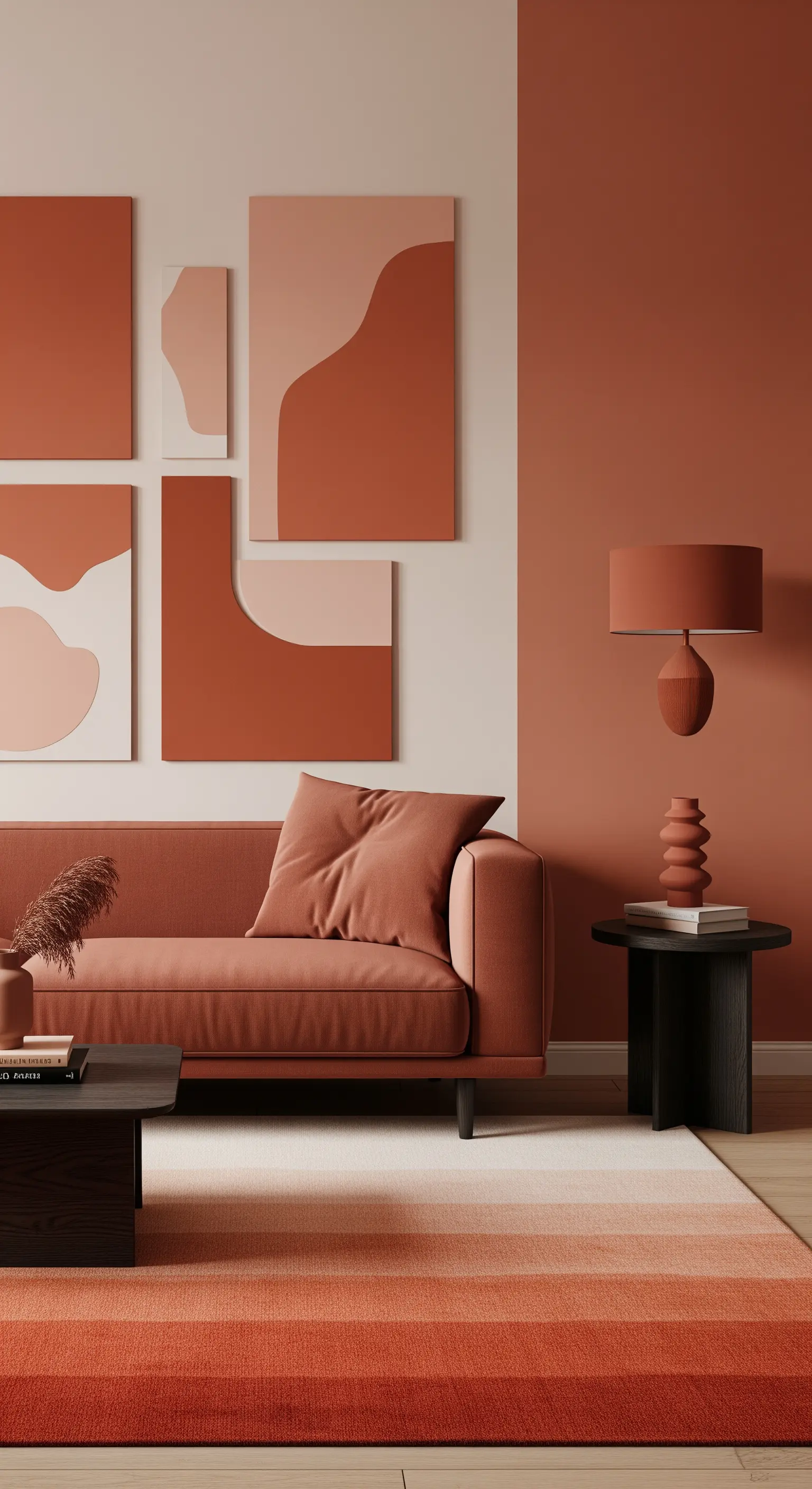 Modernes Wohnzimmer in Terracotta-Tönen mit passender Kunst und Sofa.