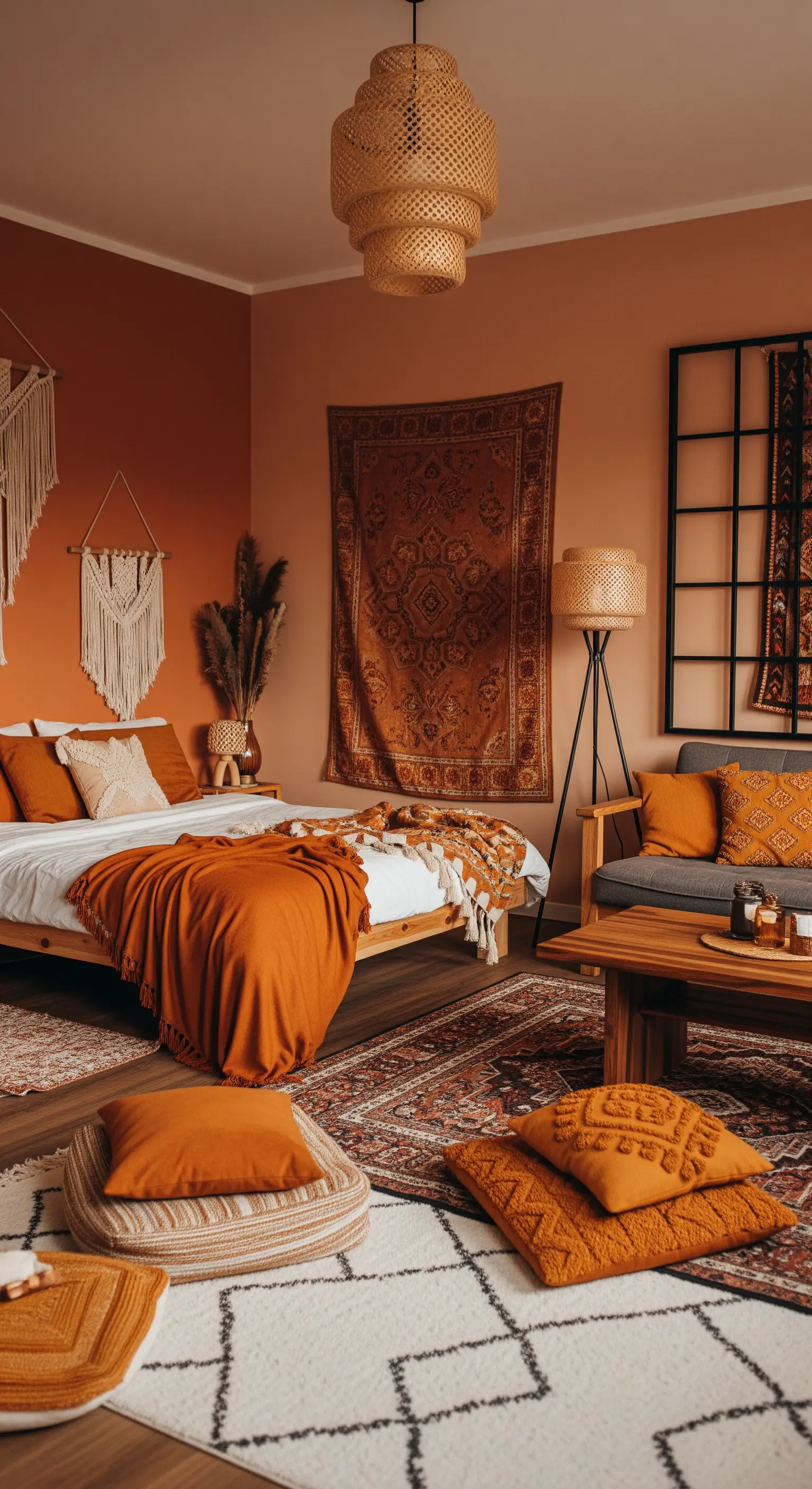 Boho-Apartment in warmen Terrakotta- und Rosttönen mit vielen Textilien und Mustern.