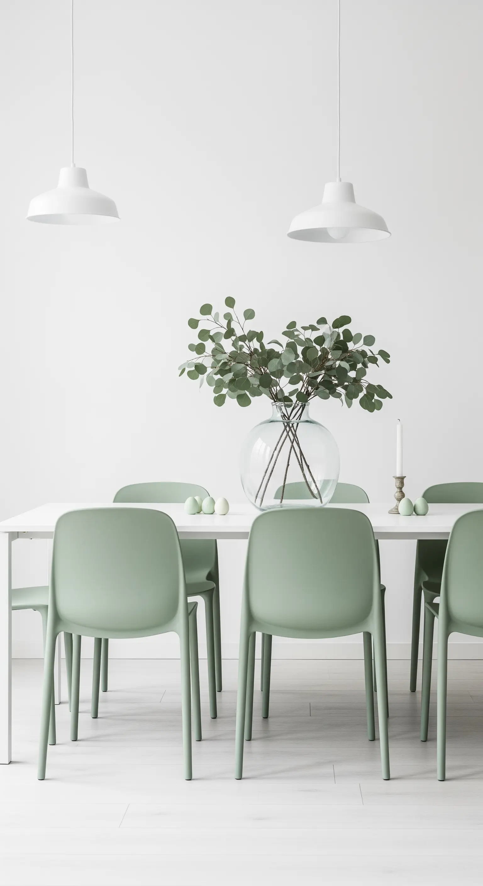 Minimalistisches Esszimmer mit salbeigrünen Stühlen und passender Osterdekoration