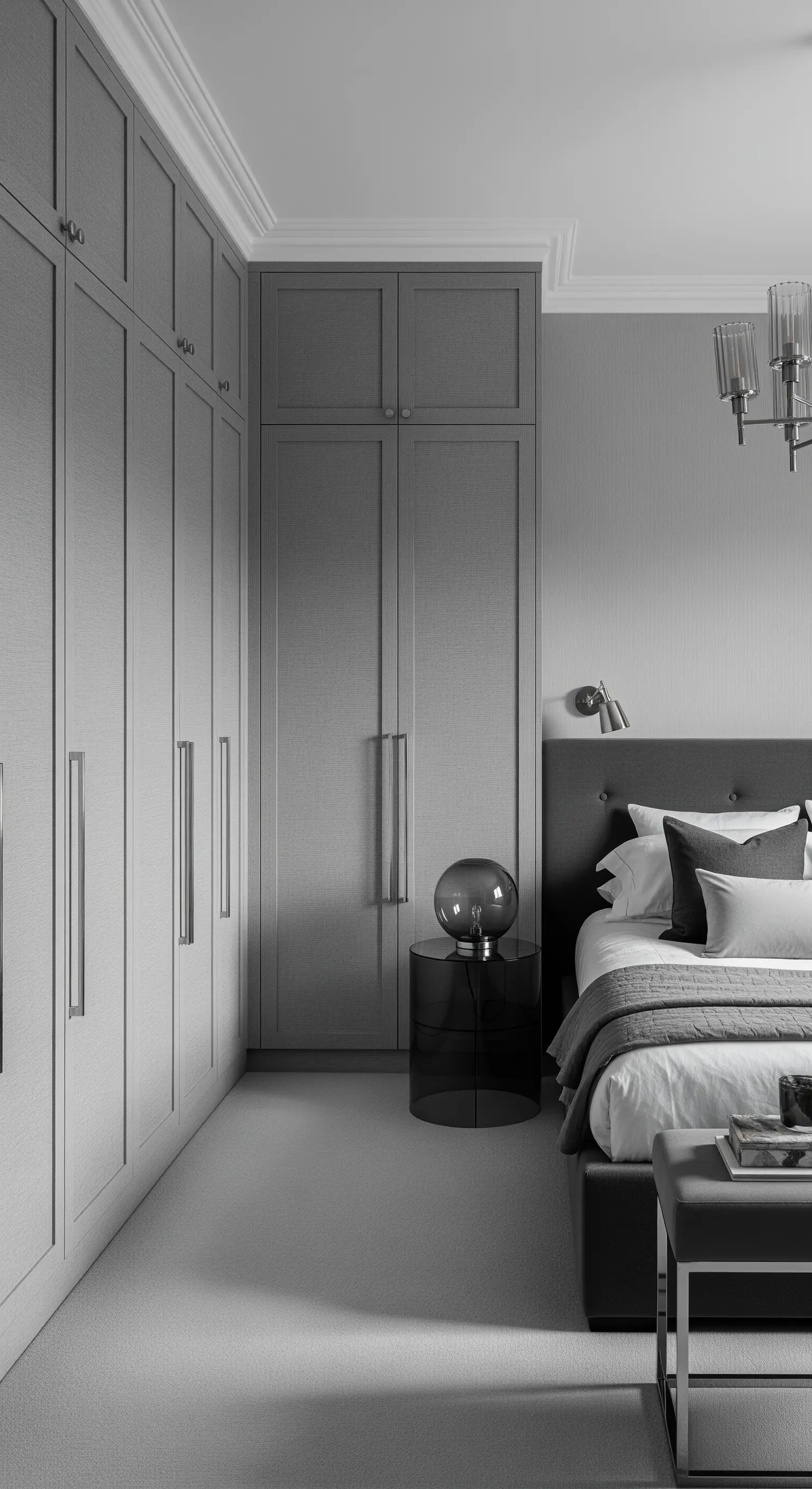 Monochromes graues Schlafzimmer mit deckenhohen Schränken mit texturierter Oberfläche.