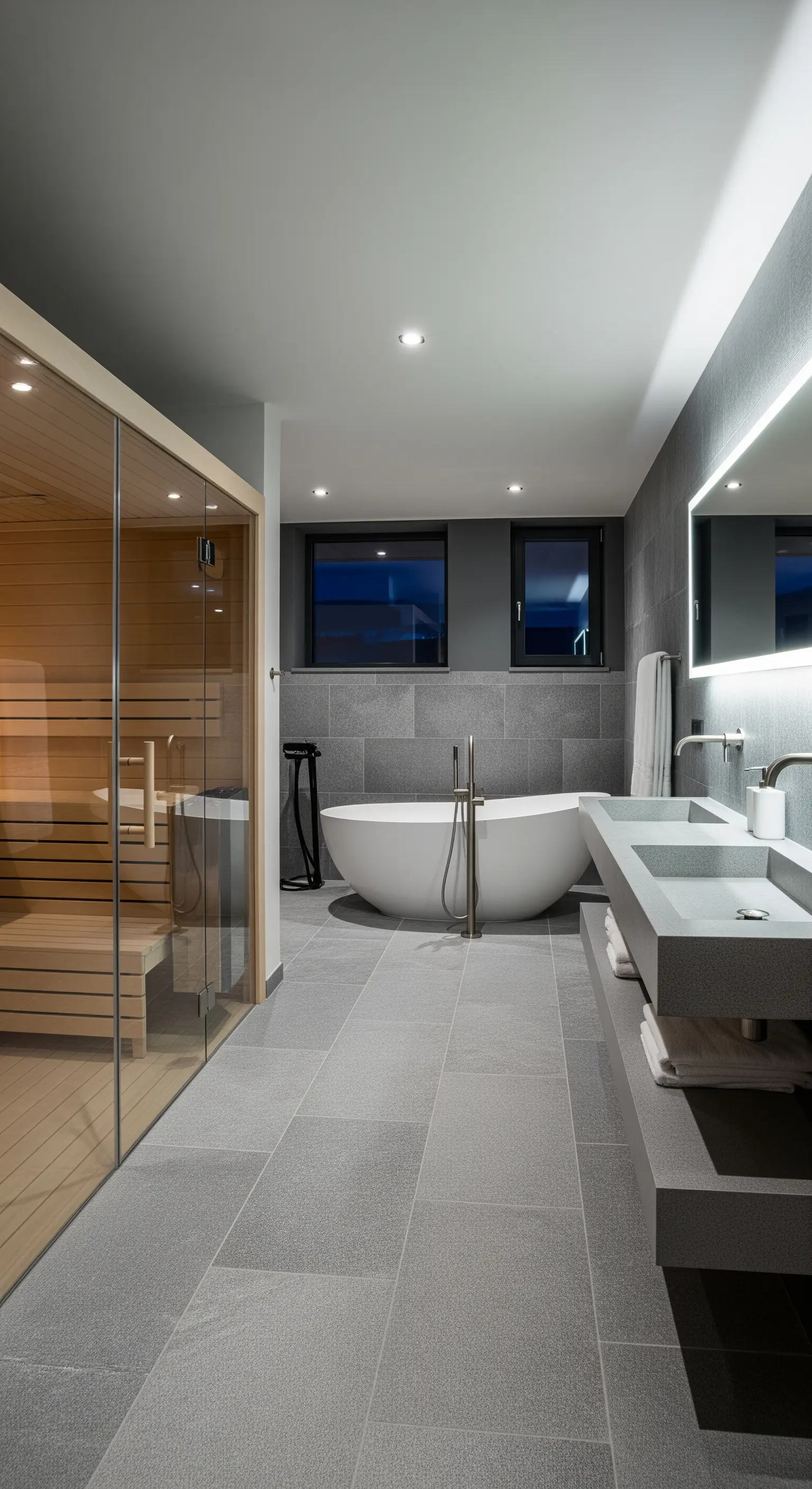 Modernes graues Badezimmer mit integrierter Sauna und schwebendem Steinwaschtisch