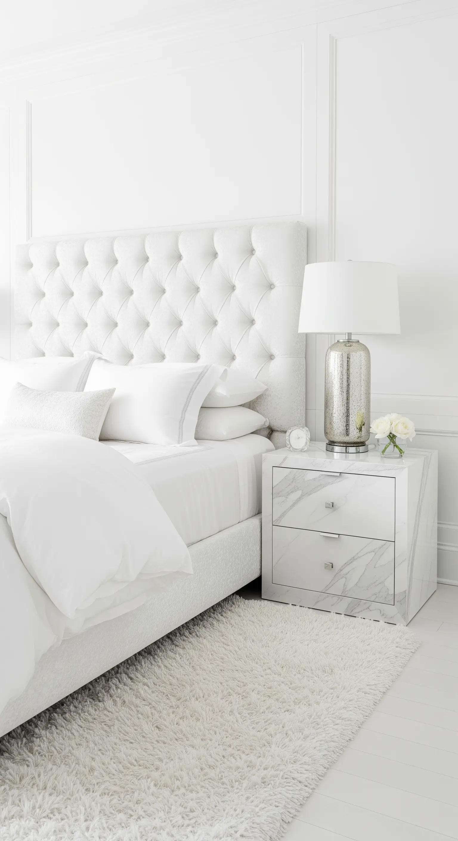 Monochromes weißes Schlafzimmer mit getuftetem Bett und Marmor-Nachttisch.