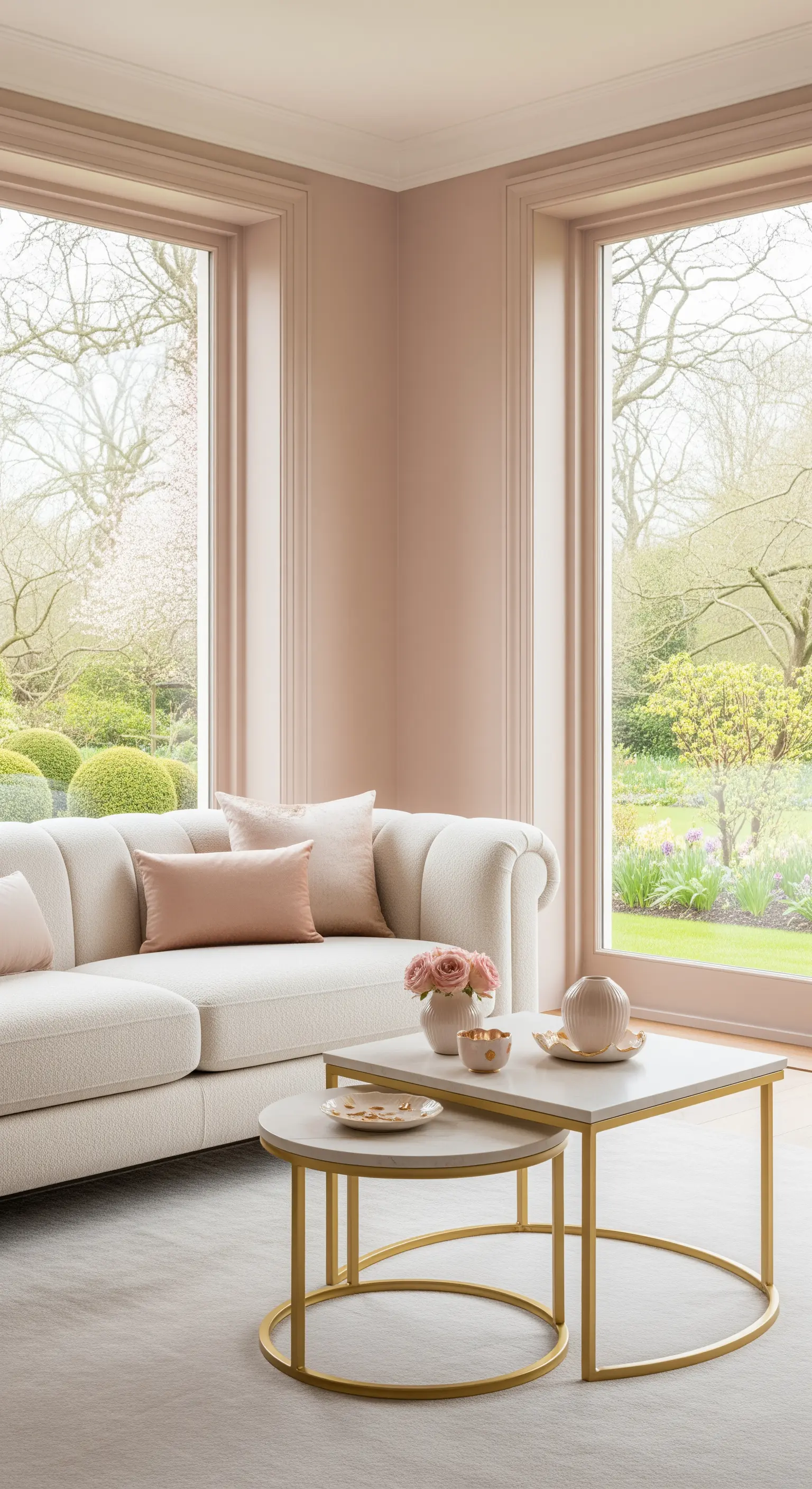 Monochromes Pastellrosa Wohnzimmer, cremefarbenes Sofa, goldene Tische, rosa Rosen