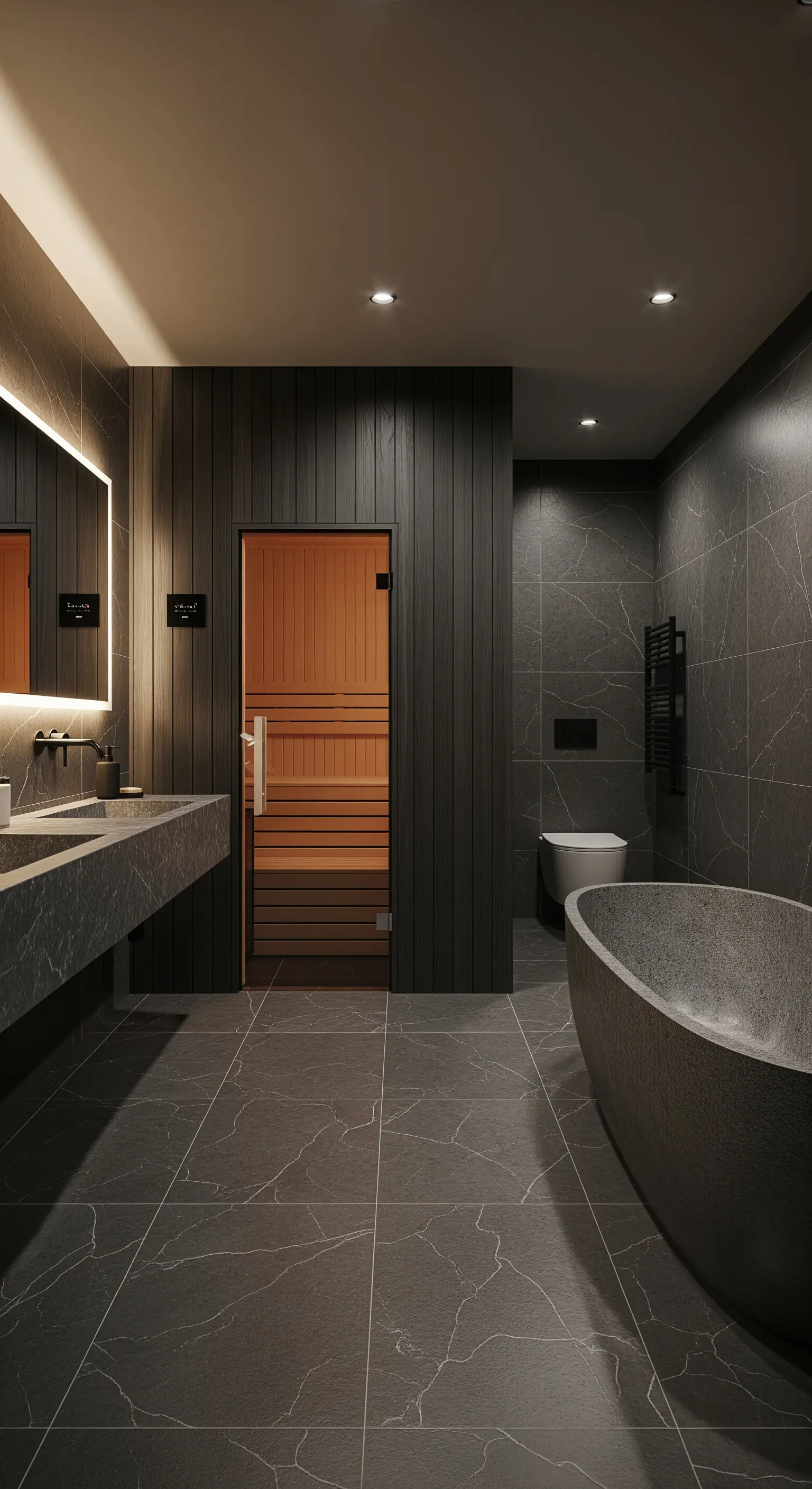 Dunkles, modernes Badezimmer mit Steinelementen und integrierter Sauna.