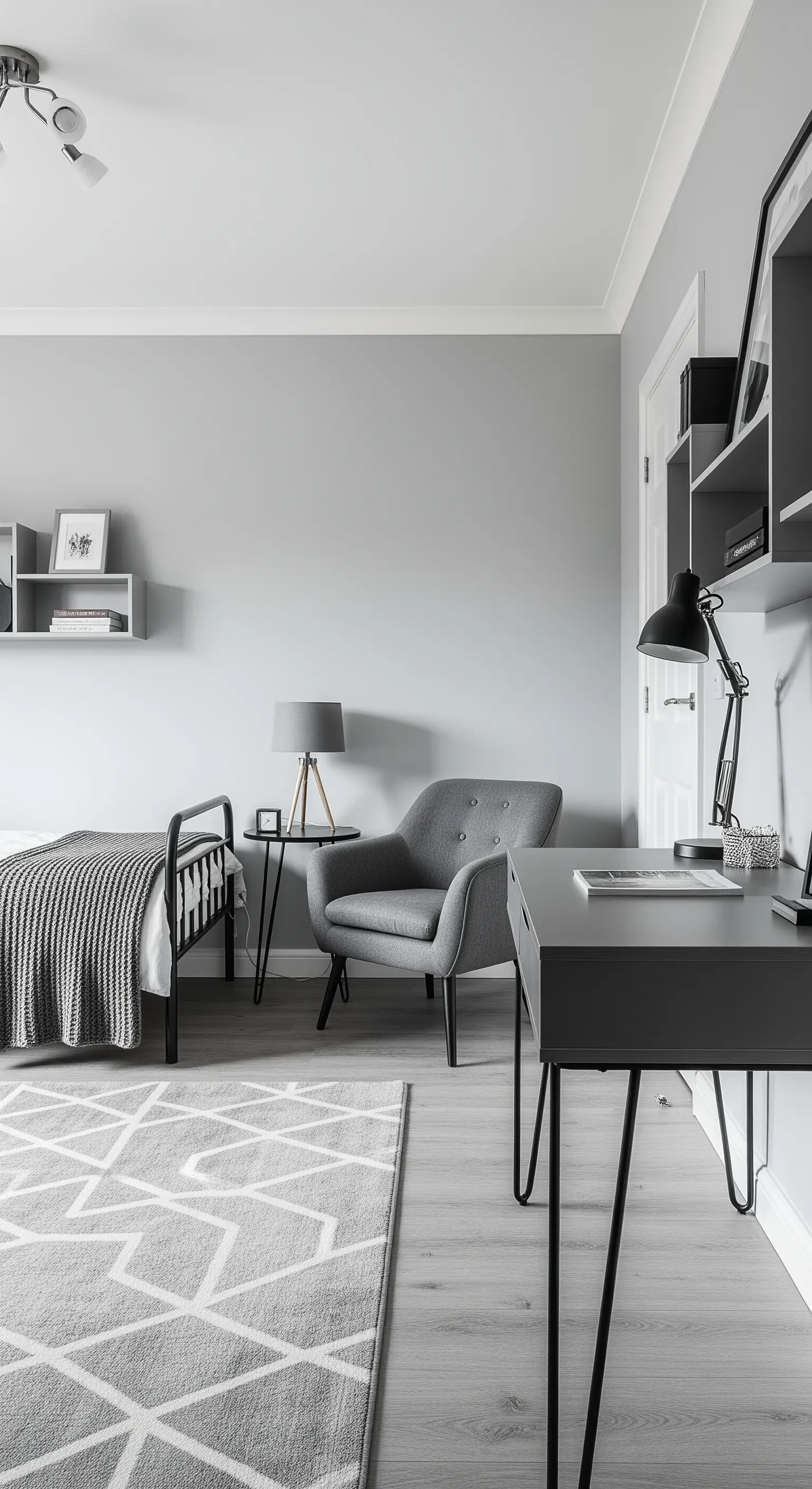Modernes Studentenzimmer in Grautönen mit schwarzen Metallmöbeln und einem grafischen Teppich.