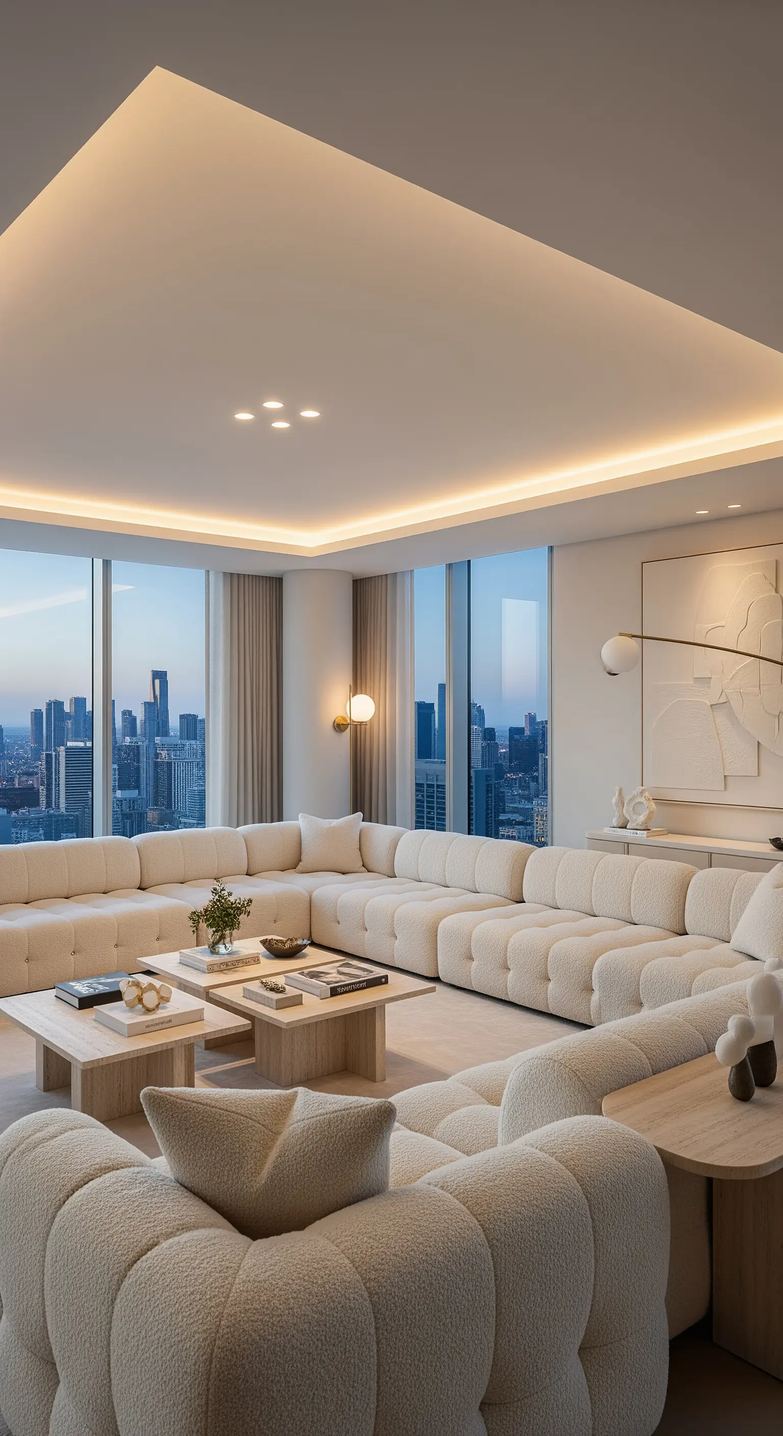 Großzügige cremefarbene Bouclé-Sofalandschaft in einem modernen Penthouse mit Stadtblick.