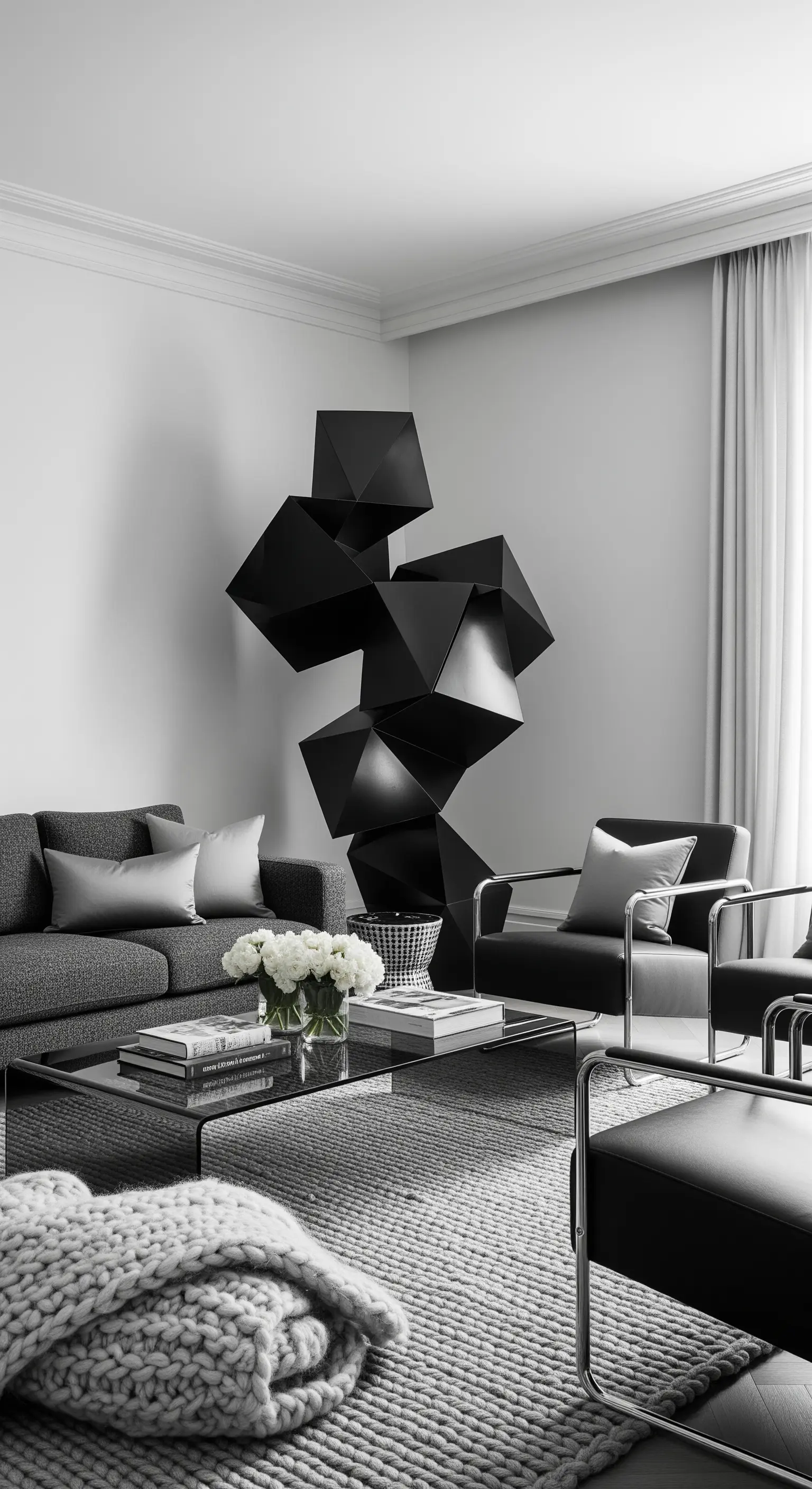 Große, mattschwarze, geometrische Skulptur in einem minimalistischen, monochromen Wohnzimmer.