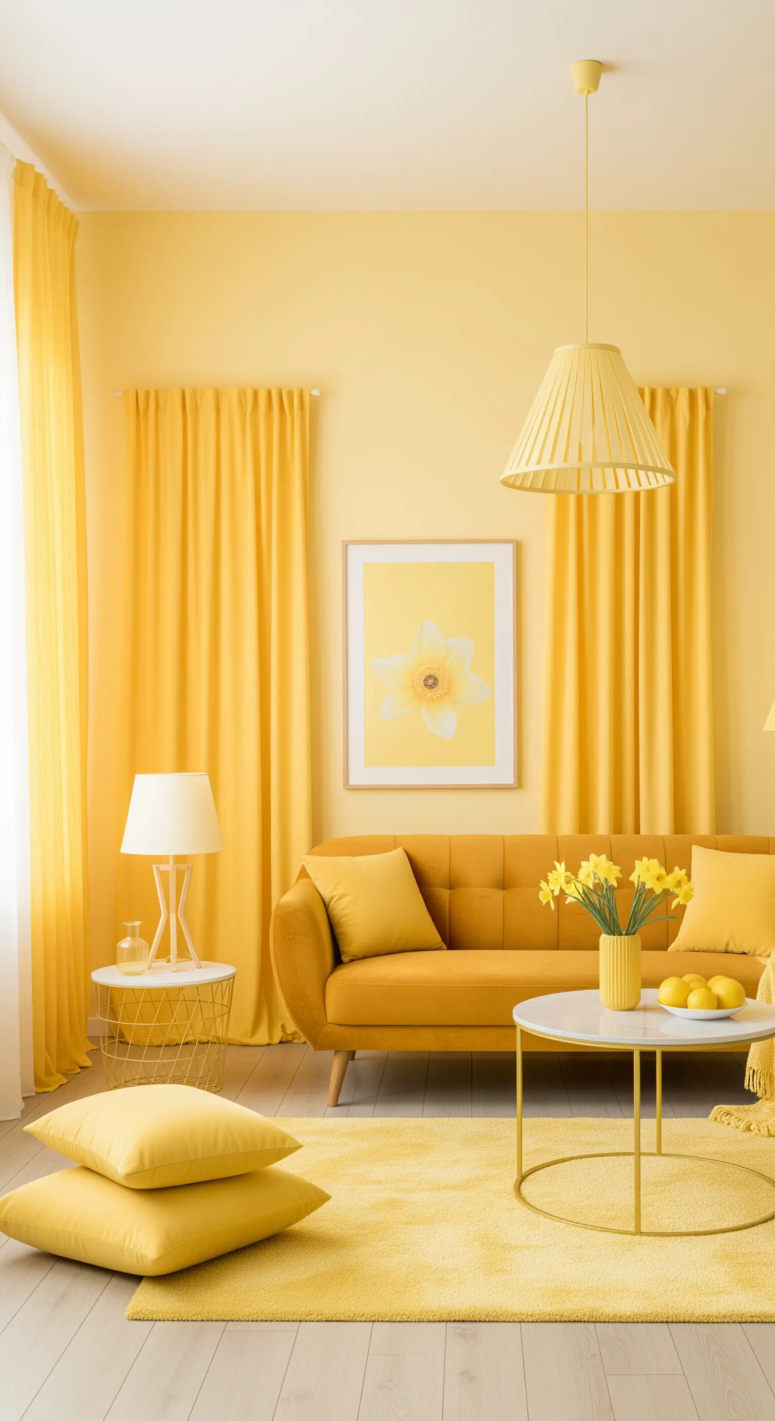 Monochromes Wohnzimmer, das komplett in verschiedenen Nuancen von Pastellgelb gestaltet ist.