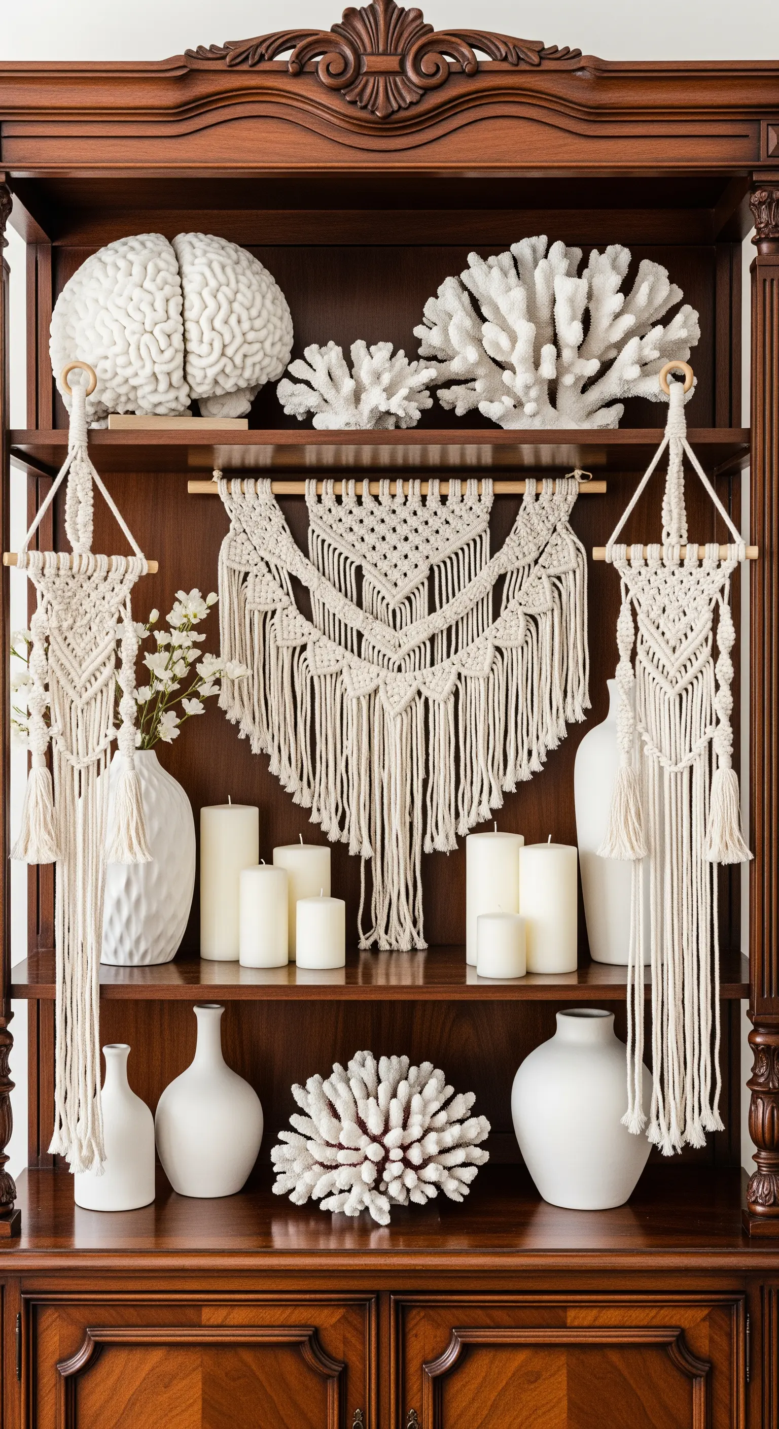 Dunkles Holzregal, gefüllt mit reinweißer Deko wie Korallen, Vasen und Makramee.