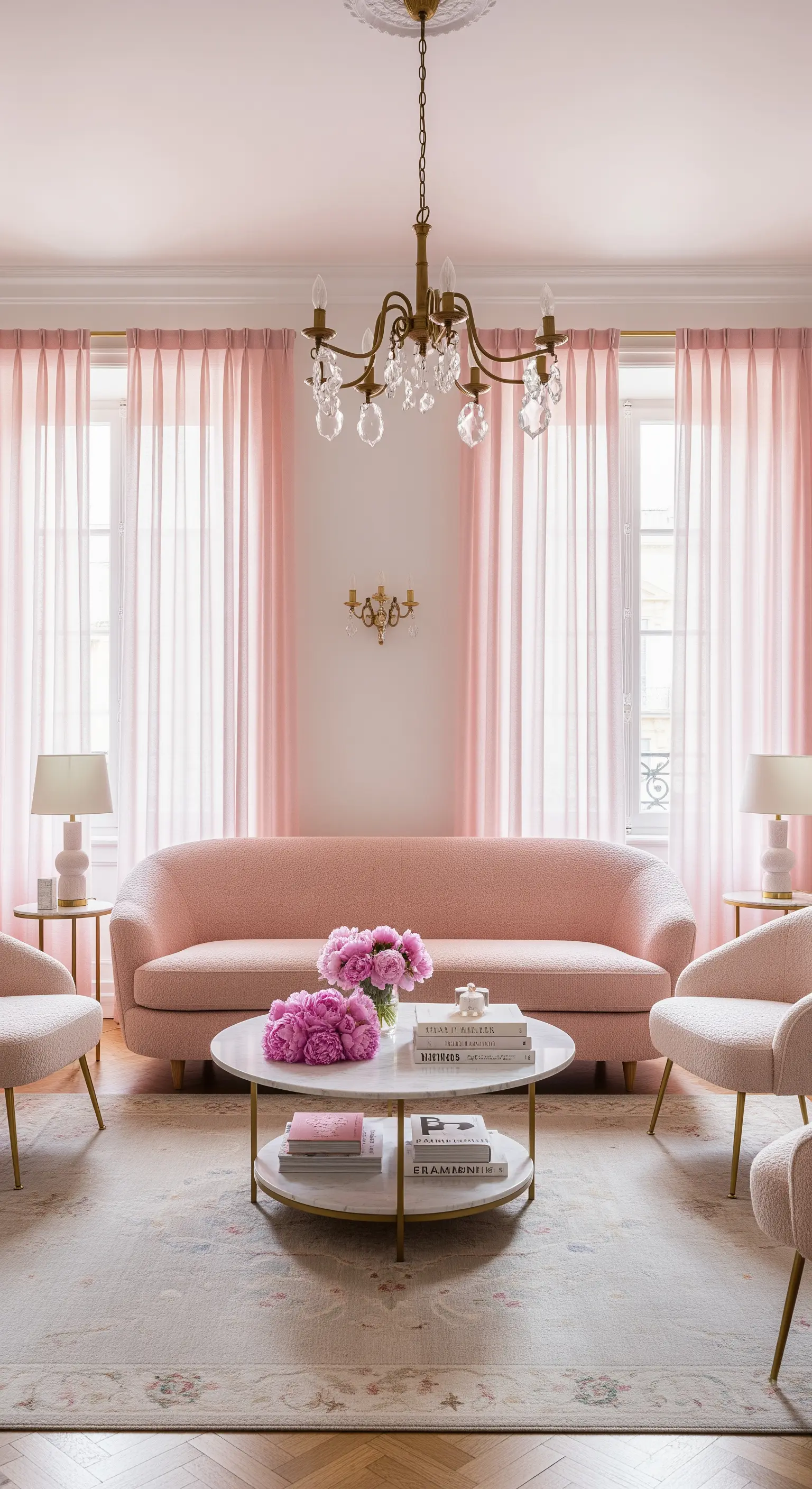 Elegantes Wohnzimmer komplett in Rosatönen mit Bouclé-Sofa, leichten Vorhängen und goldenen Akzenten.