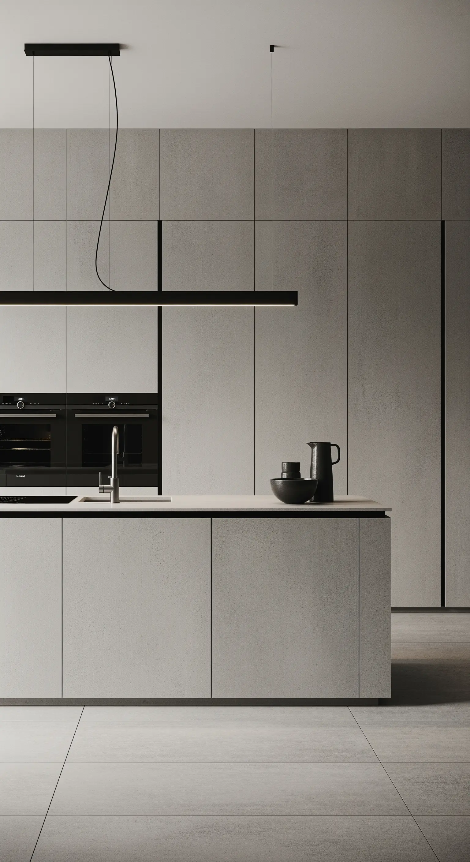 Minimalistische Küche mit Fronten in Betonoptik und schwarzen Akzenten