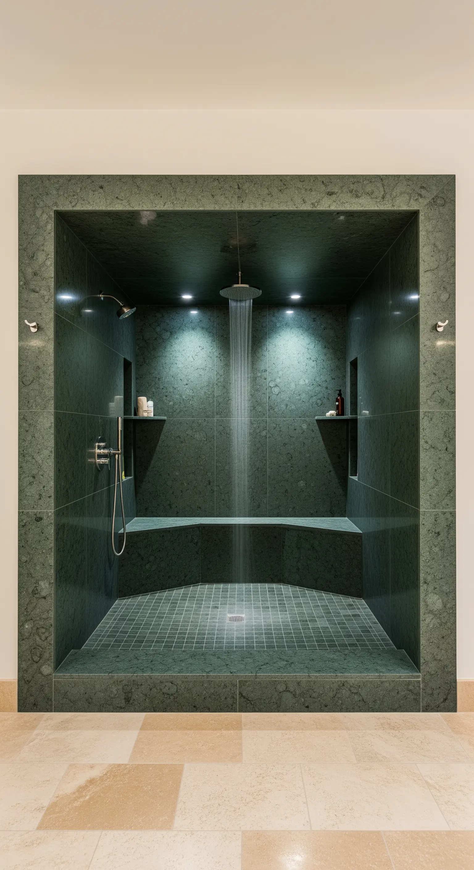 Dunkelgrüne Marmordusche als monolithischer Block mit integrierter Sitzbank und Nischen
