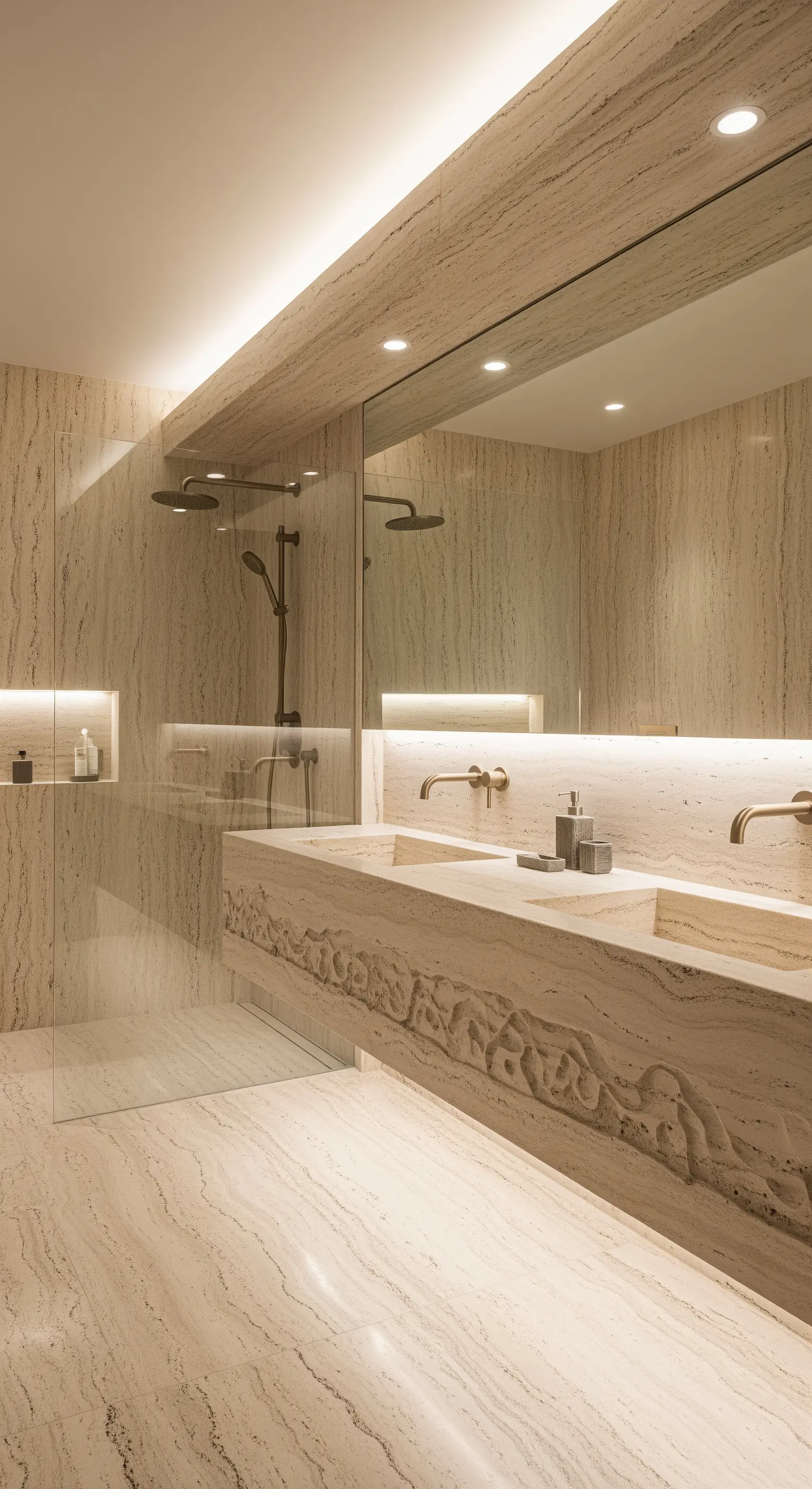Luxusbadezimmer aus Travertin mit indirekter Beleuchtung und geschnitztem Waschtisch.