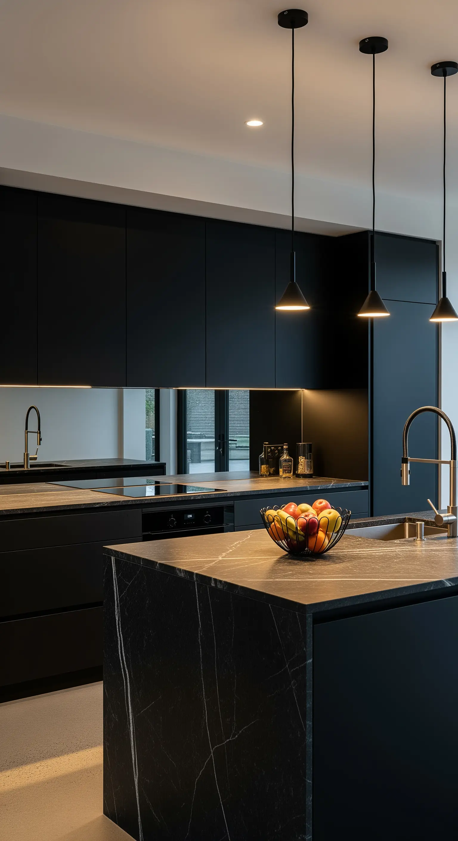 Moderne schwarze Küche mit Marmorinsel und minimalistischen Pendelleuchten