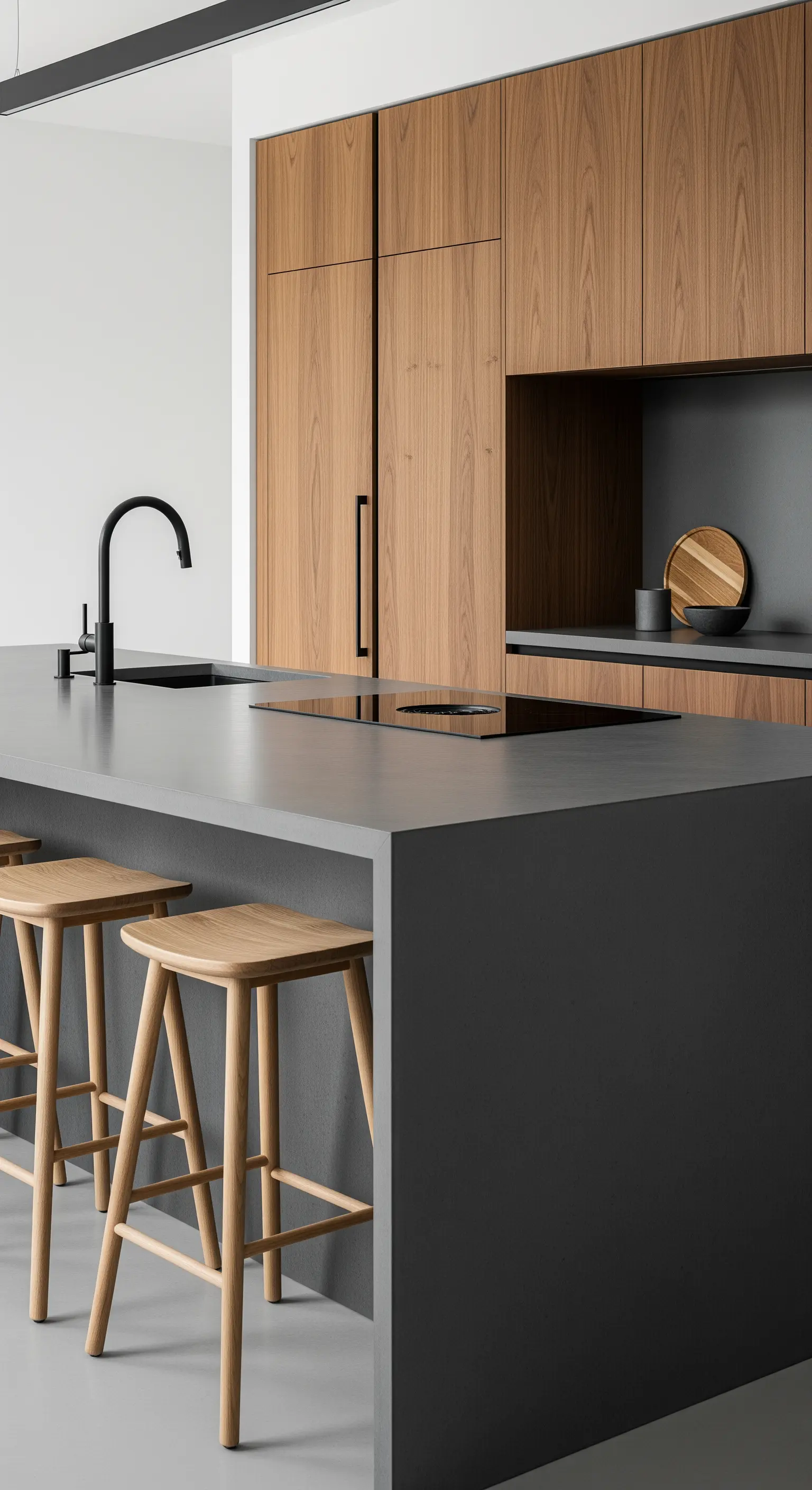 Minimalistische Küche mit dunkler Betoninsel und Holzfronten.
