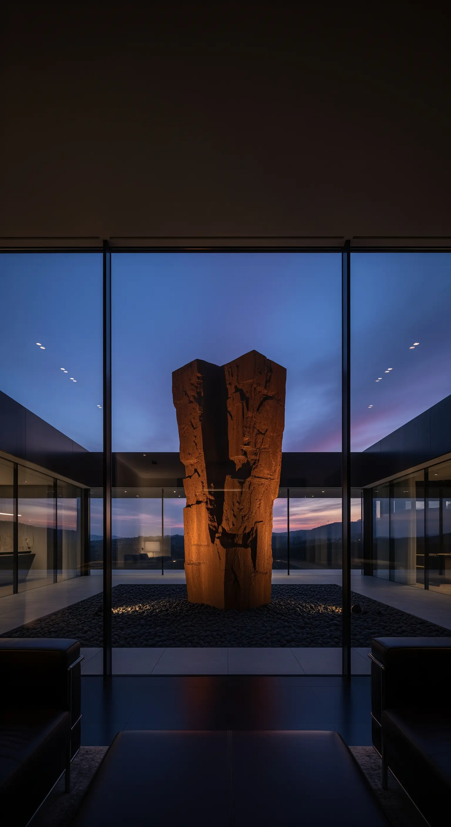 Große dunkle Skulptur in offenem Innenhof, durch Glasfenster sichtbar.