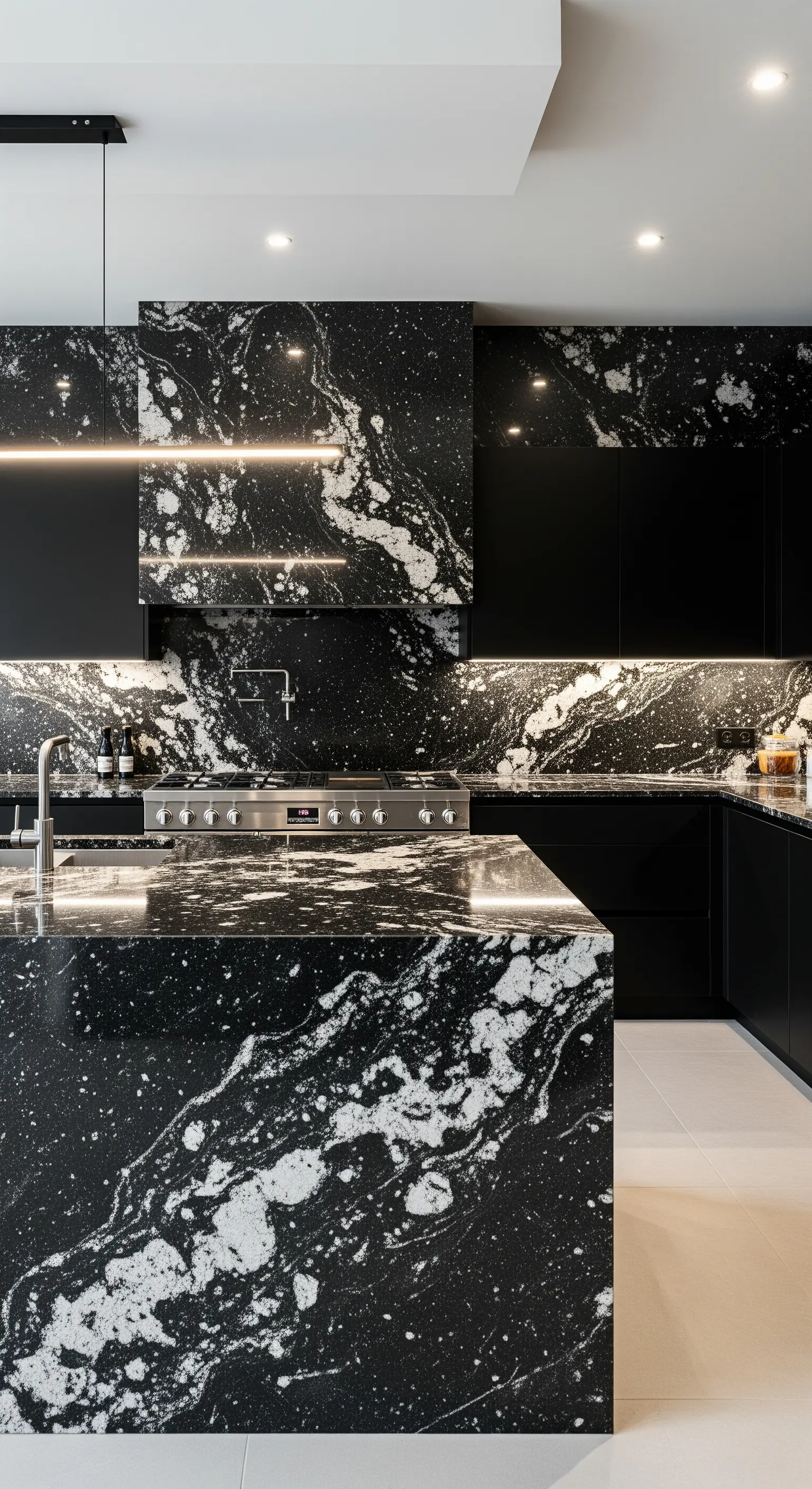 Luxusküche, komplett mit schwarz-weißem Marmor verkleidet, für einen monolithischen Look.