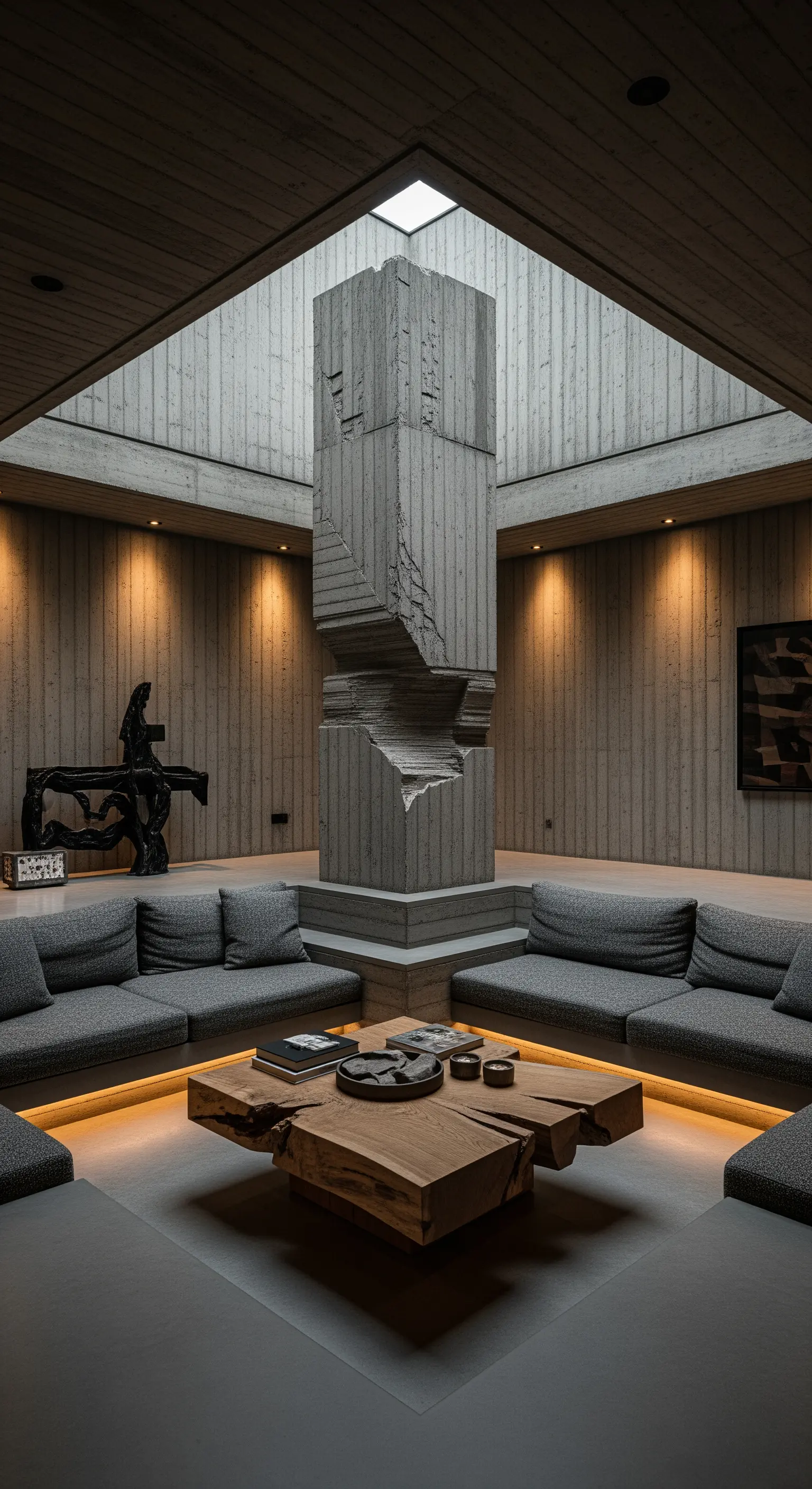 Massive Betonskulptur als zentrales Element in einem brutalistischen Wohnzimmer mit Holzdetails.