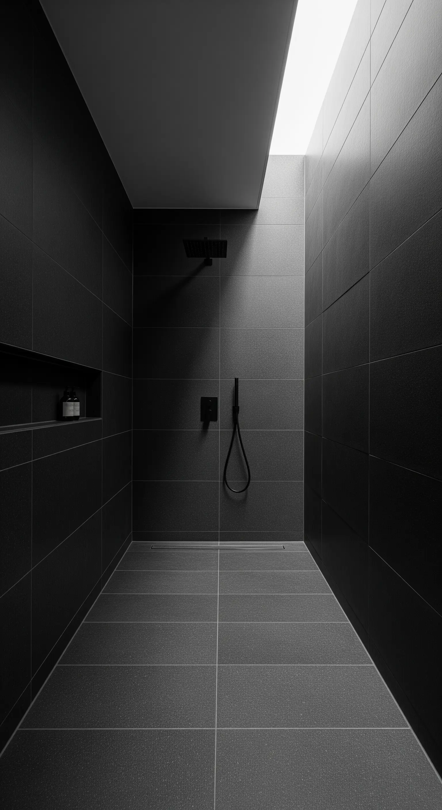 Minimalistische, dunkle Dusche mit einheitlichen grauen Fliesen und Oberlicht.