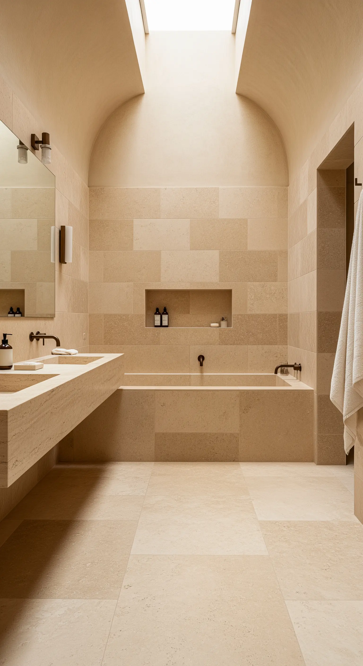 Luxuriöses Badezimmer komplett aus beigem Travertinstein mit gewölbter Decke