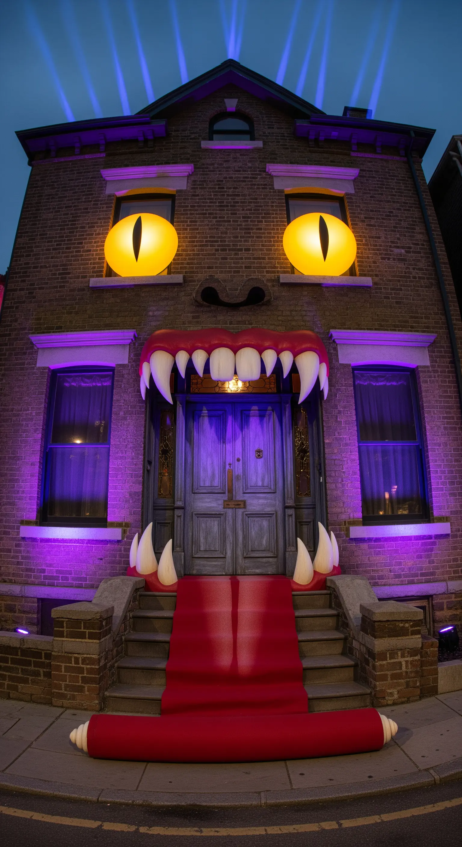 Haus mit gigantischen leuchtenden Augen und Zähnen über dem Eingang, in violettes Licht getaucht.