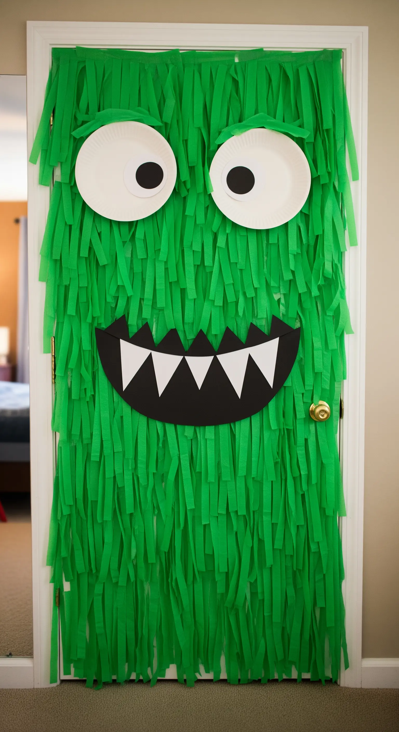 DIY Monster-Türdekoration aus grünem Papier, Papptellern und Karton.