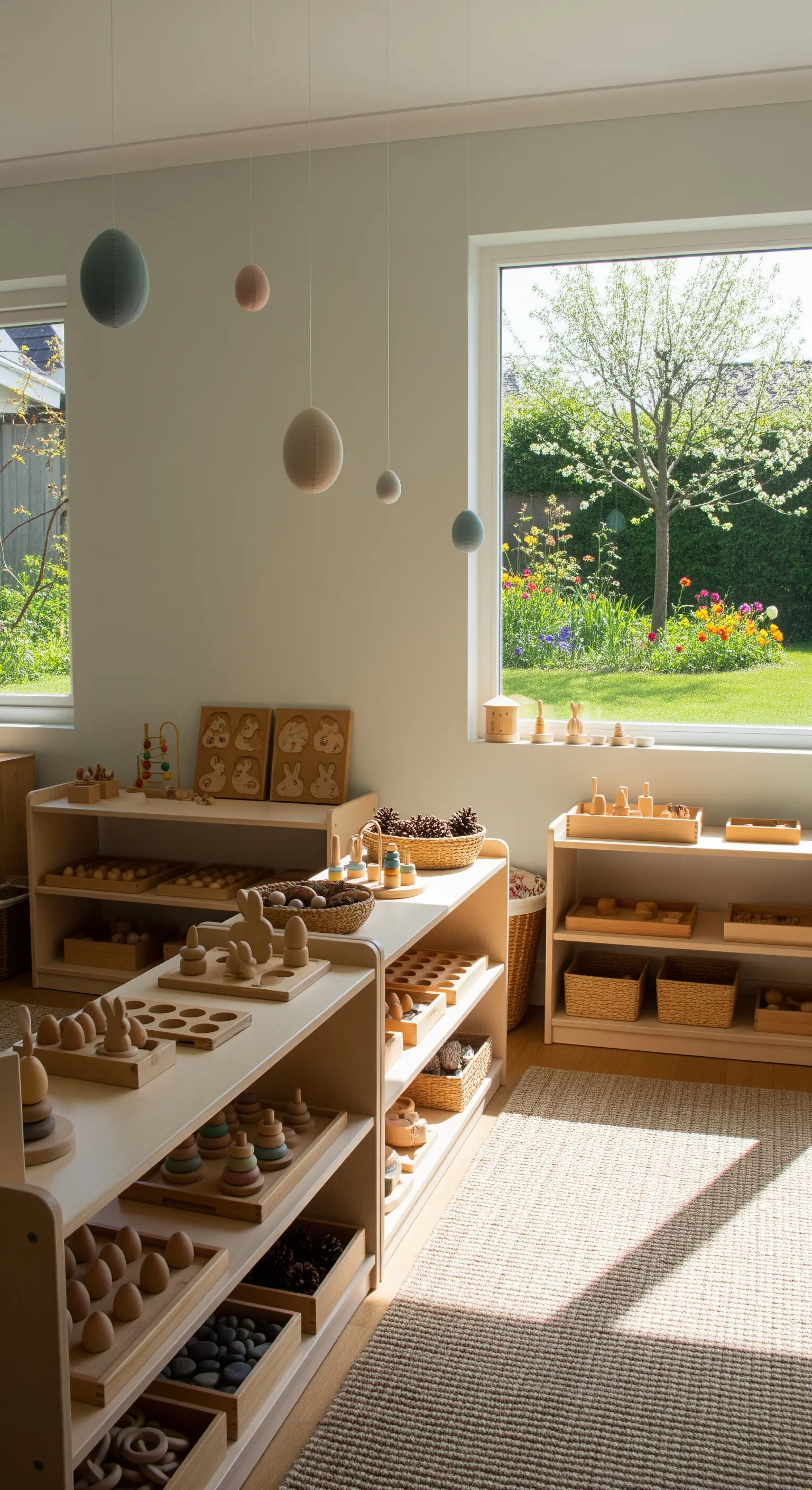 Montessori Spielzimmer, Naturholzspielzeug, dezente Osterdeko.