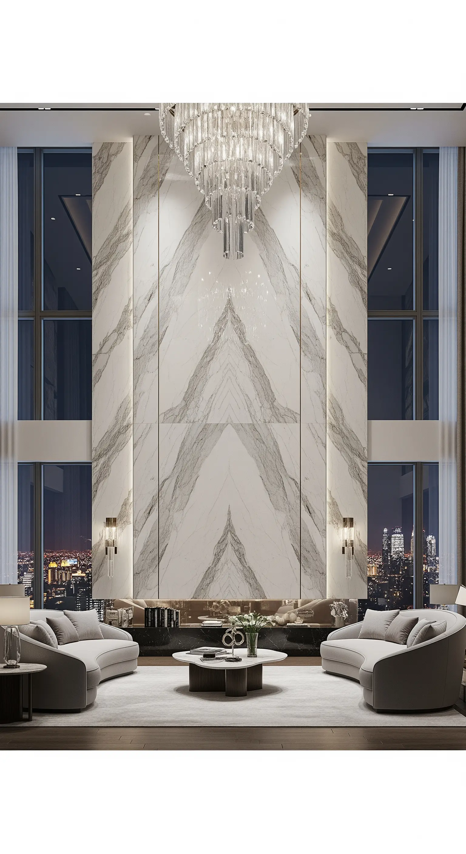 Luxuriöses Wohnzimmer mit raumhoher, gespiegelter Marmorwand und Kristallleuchter