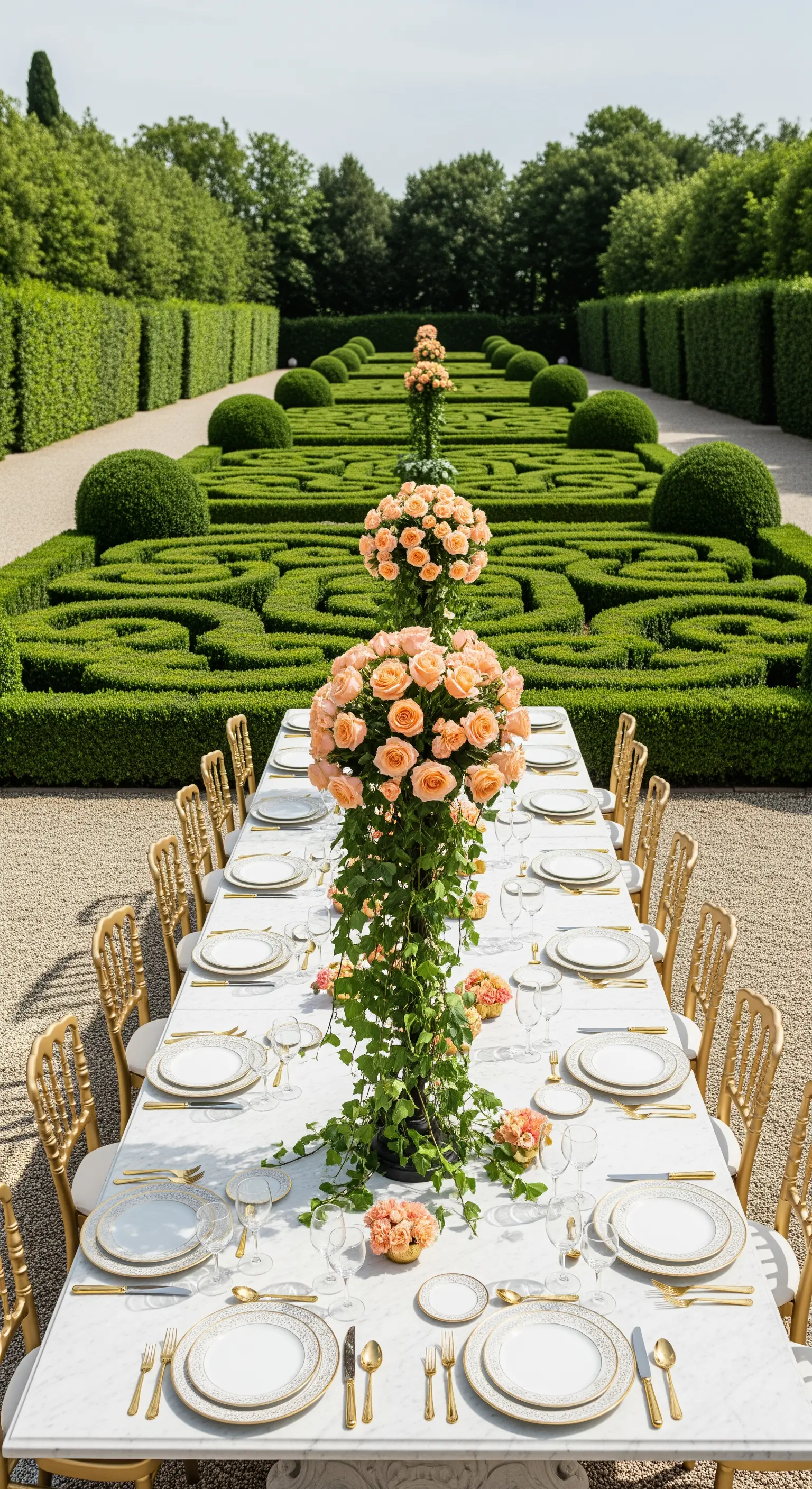 Marmortafel mit pfirsichfarbenen Rosentürmen, goldenen Stühlen in formalem Garten.