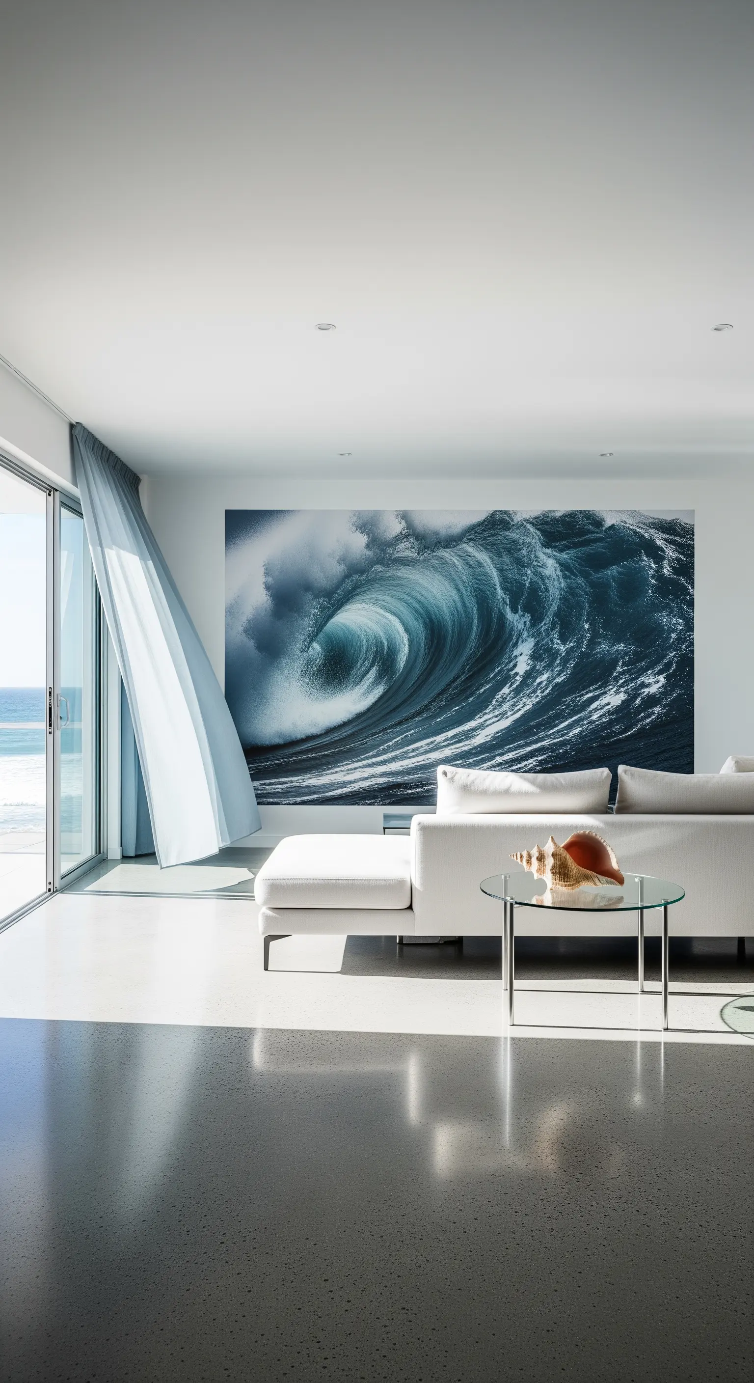 Minimalistisches Wohnzimmer mit großer Wellenkunst, weißem Sofa und Muschel auf Glastisch.