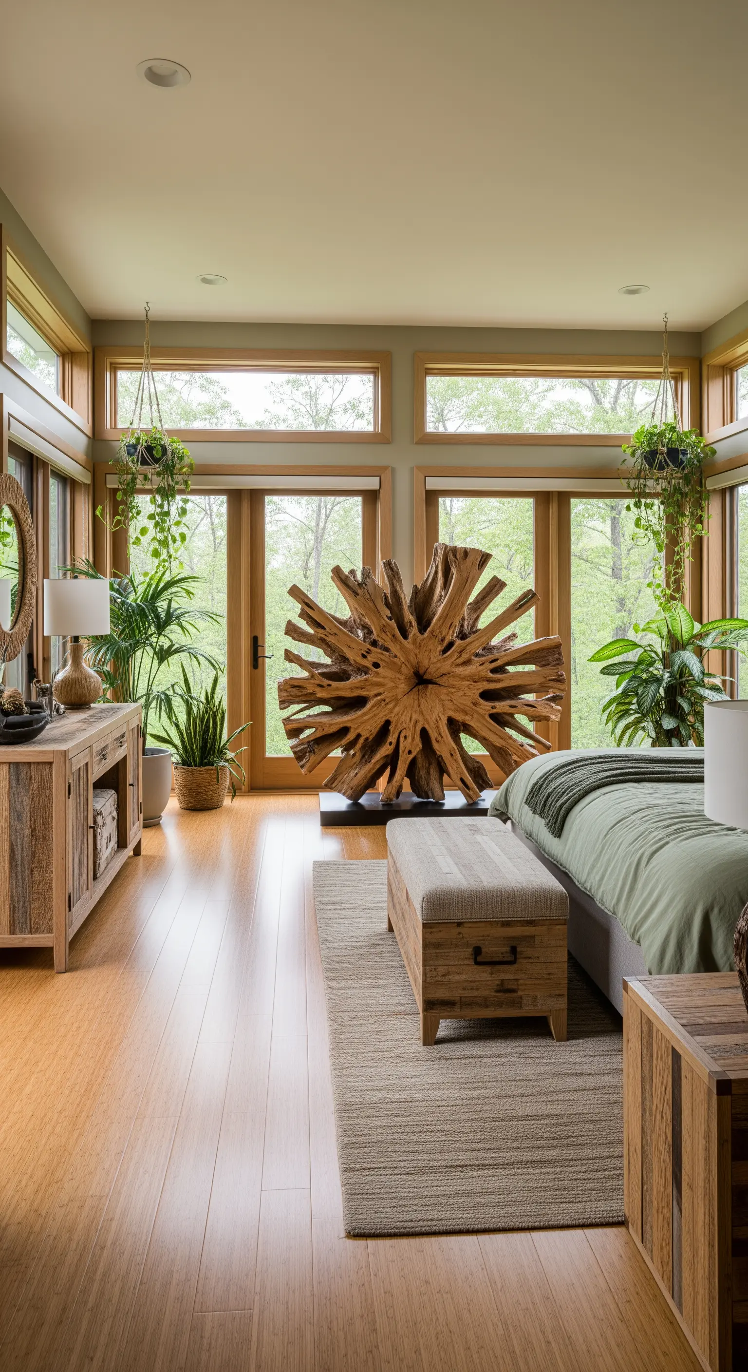 Große, sternförmige Wurzelholz-Skulptur in einem lichtdurchfluteten Schlafzimmer mit vielen Pflanzen.