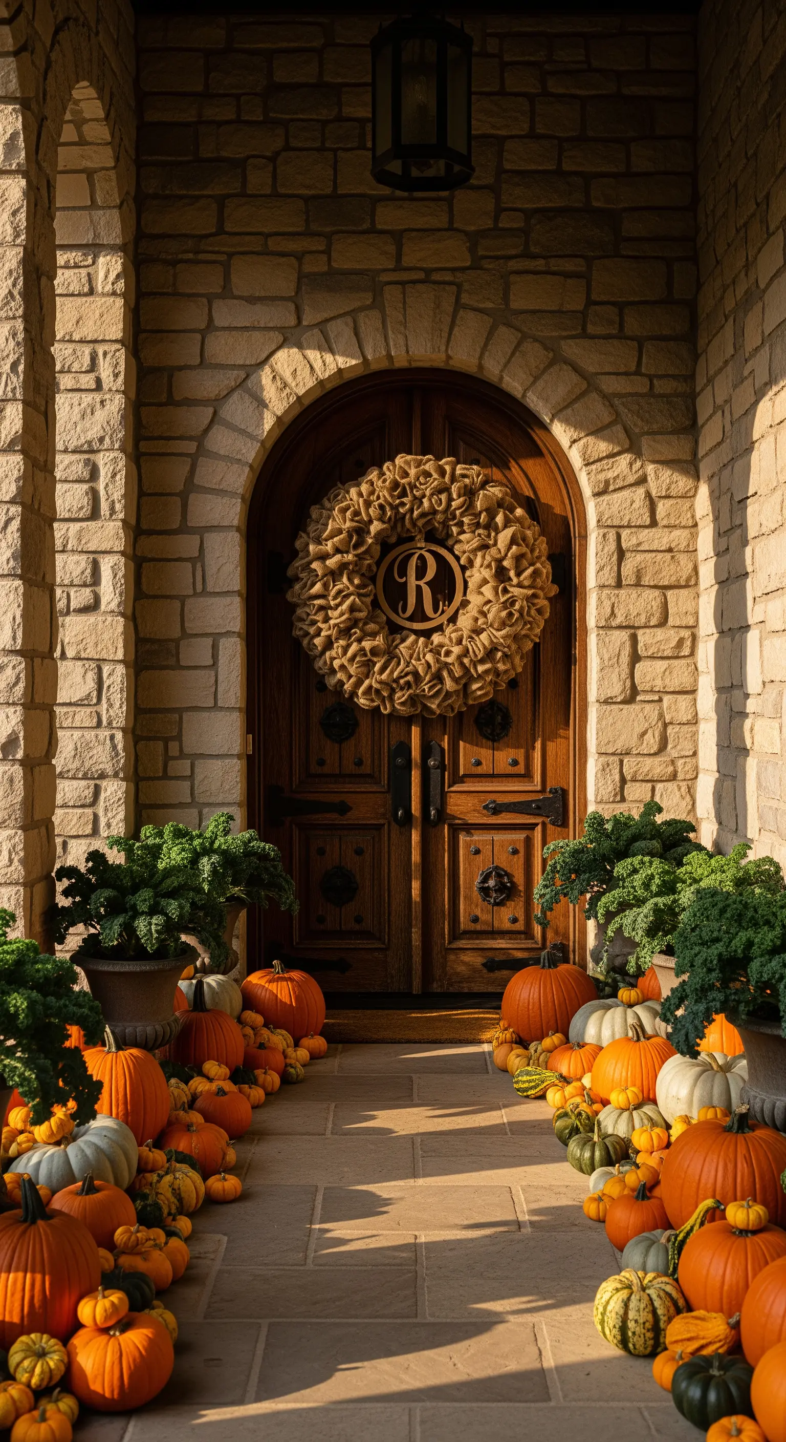 Großer Jute-Monogramm-Kranz an Holztür mit Steinbogen, Kürbis-Allee