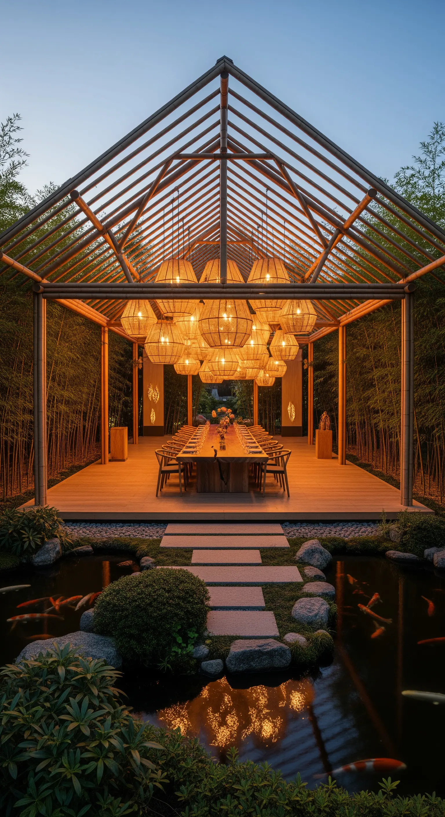 Großes Bambus-Pavillon mit vielen Hängelampen und Koi-Teich