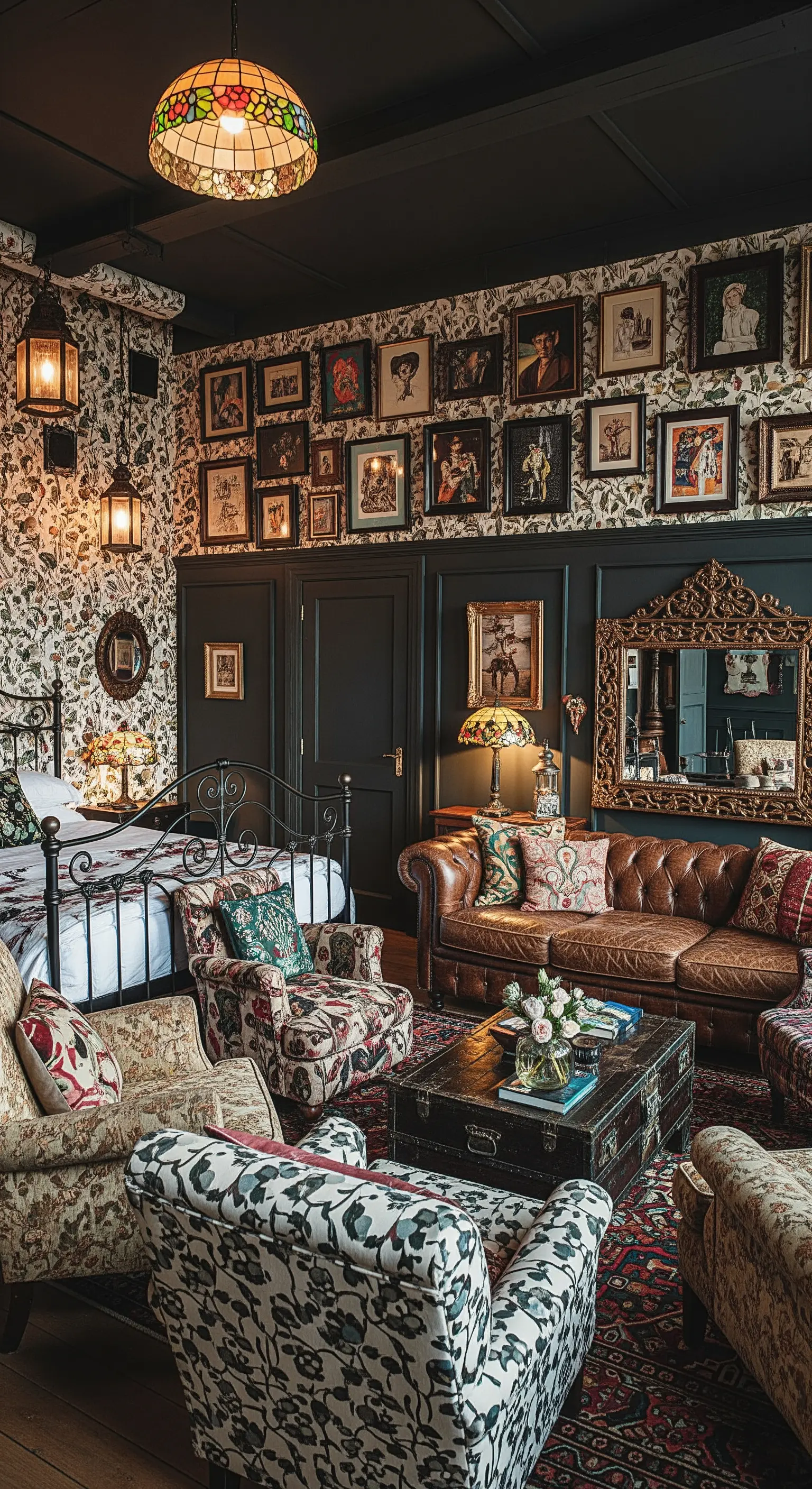 Dunkles Schlafzimmer mit Blümchentapete, Ledersofa, Vintage-Truhe und vielen Bilderrahmen