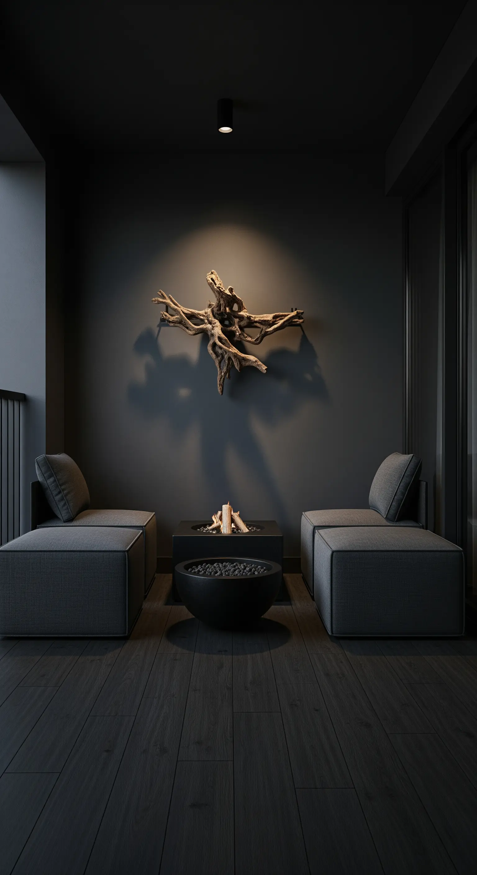 Dunkelgrauer Balkon mit Feuerschale und Treibholz-Wandkunst