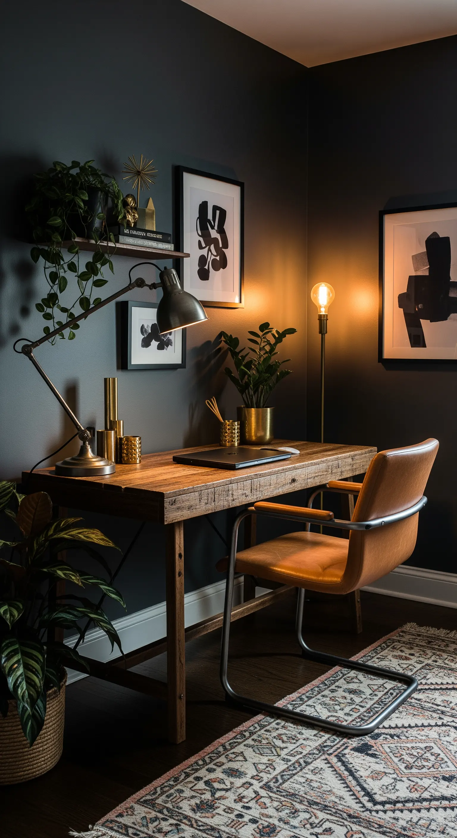 Dunkles, gemütliches Homeoffice mit Holztisch und Lederstuhl vor anthrazitfarbener Wand