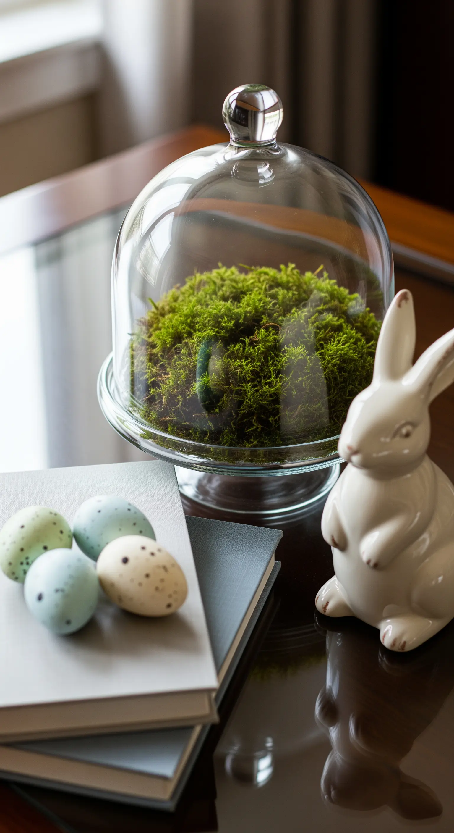 Moos unter Glasglocke mit Ostereiern und Keramikhase auf Büchern